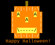 ASCII art smiling jack-o-lantern with ANSI colors that says "Happy Halloween"