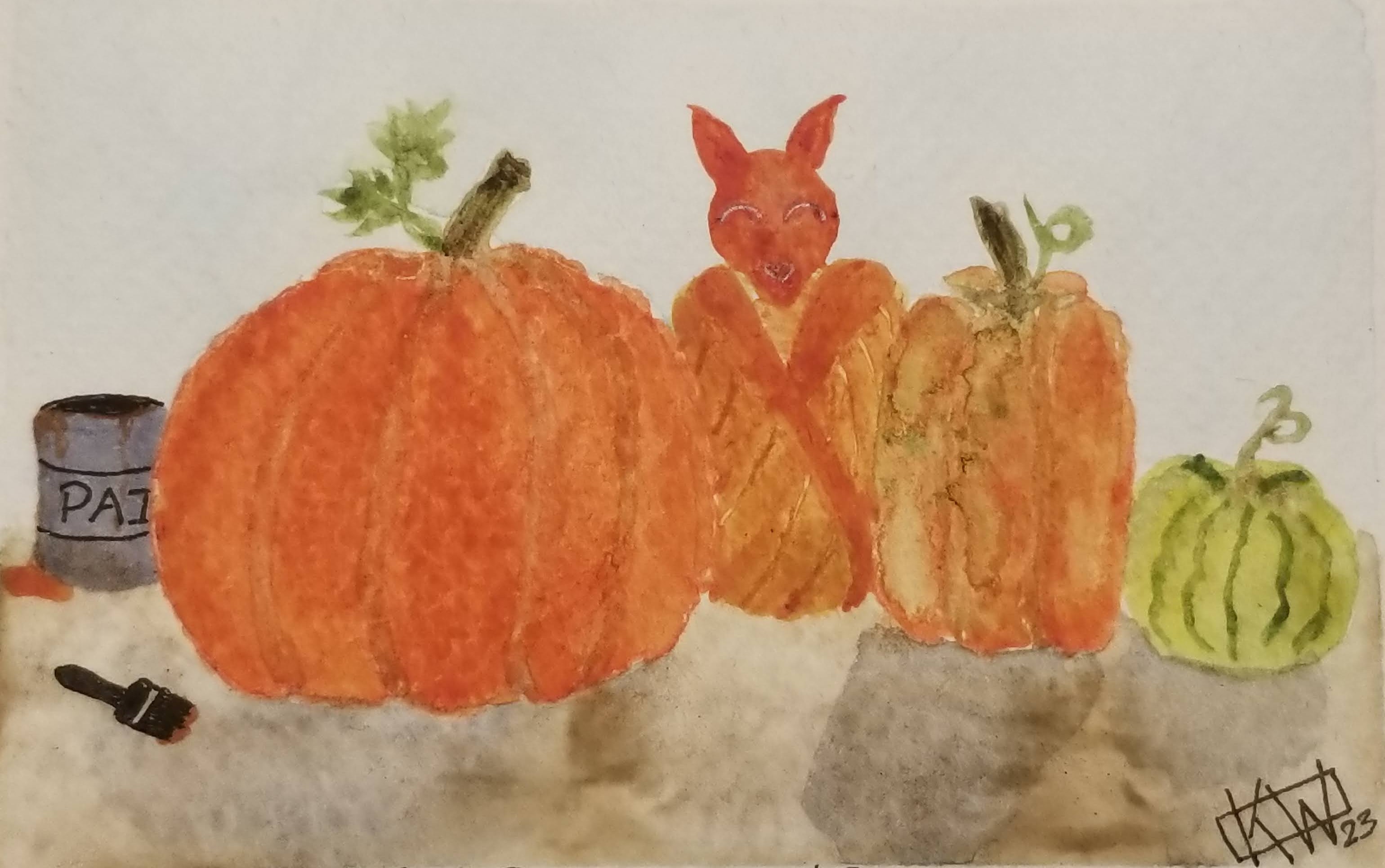 Watercolor of many pumpkins sitting in a line. A bucket & brush with orange paint on them is pushed to the side. One of the pumpkins is actually a bat, painted orange!