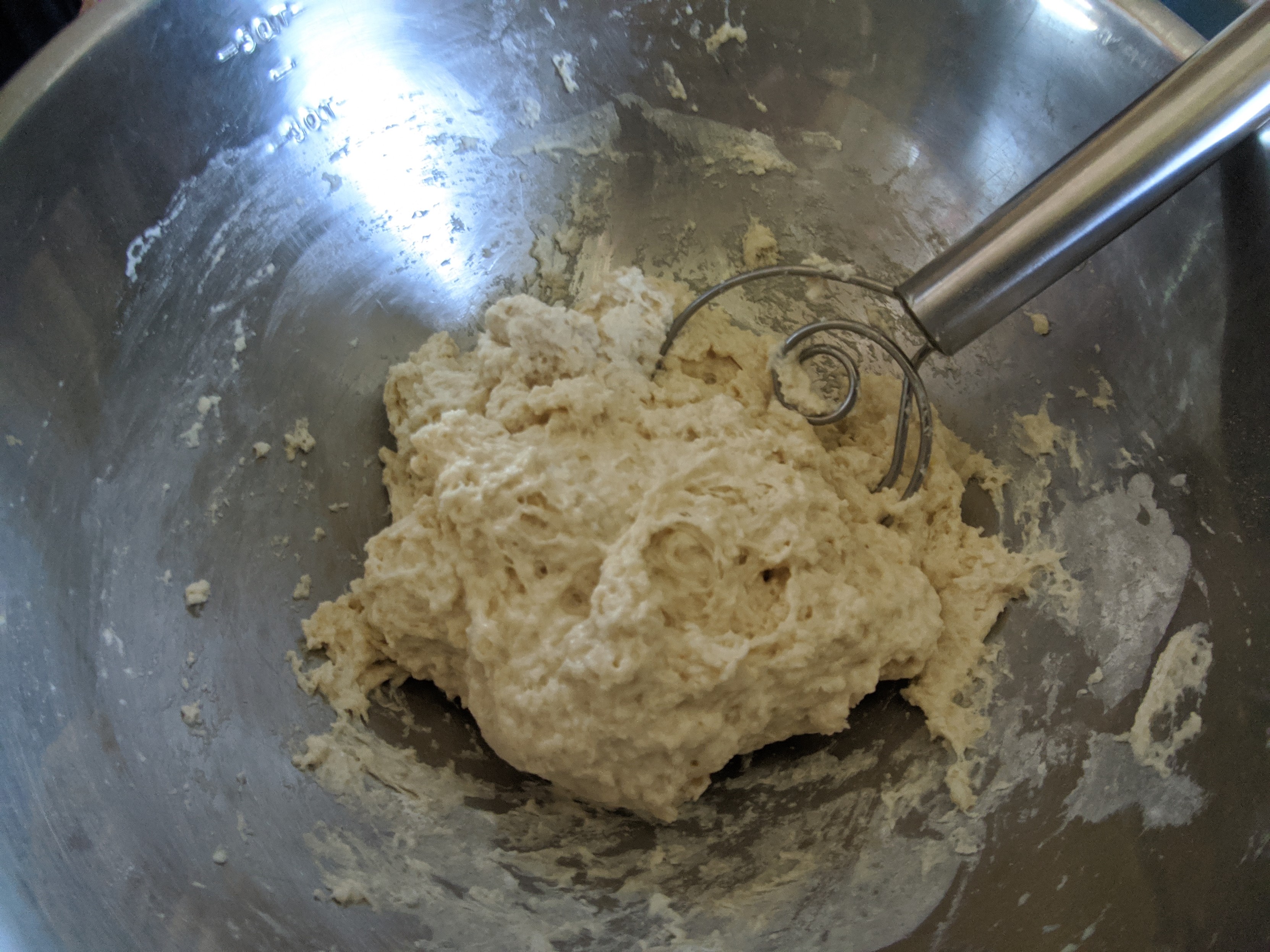 Mixing bowl full of very sticky dough.