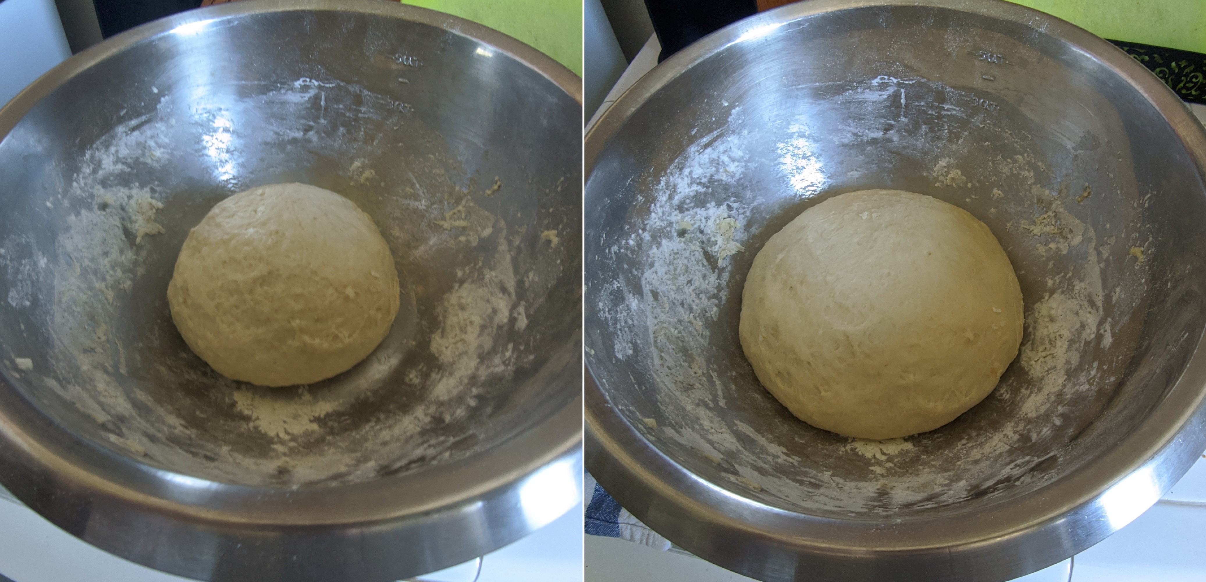 2 pictures side-by-side. Pic 1 is a mixing bowl with a small ball of dough in it. Pic 2 is the  mixing bowl with a larger ball of dough in it.