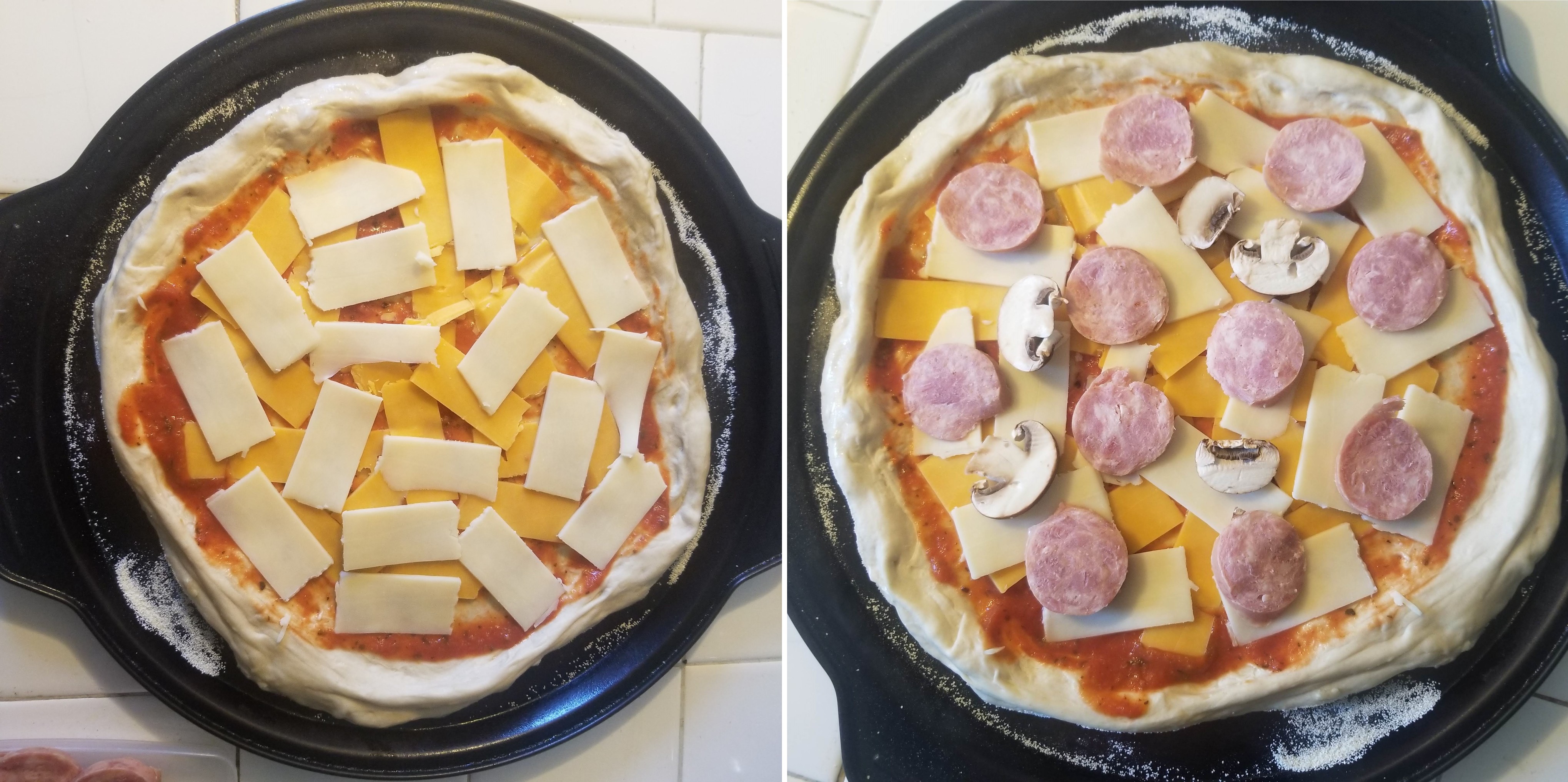 2 pictures side-by-side. Pic 1 is an uncooked cheese pizza. Pic 2 is an uncooked pizza with sliced sausage & mushrooms on it.