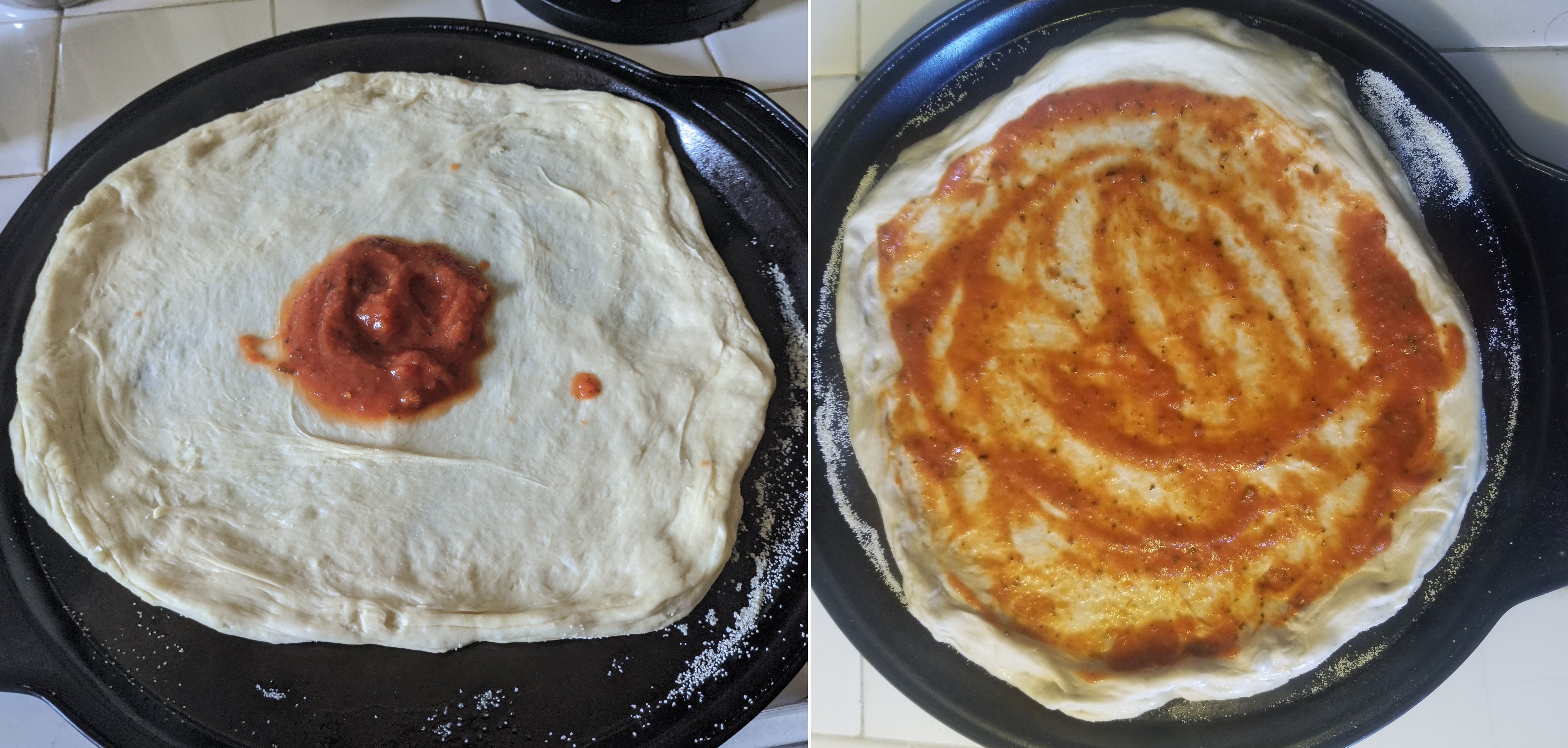 2 pictures side-by-side.  Pic 1 is Raw pizza dough on a round pan with a few spoonfuls of tomato sauce in the center.  Pic 2 is Raw pizza dough on a round pan with a tomato sauce spread across the dough.