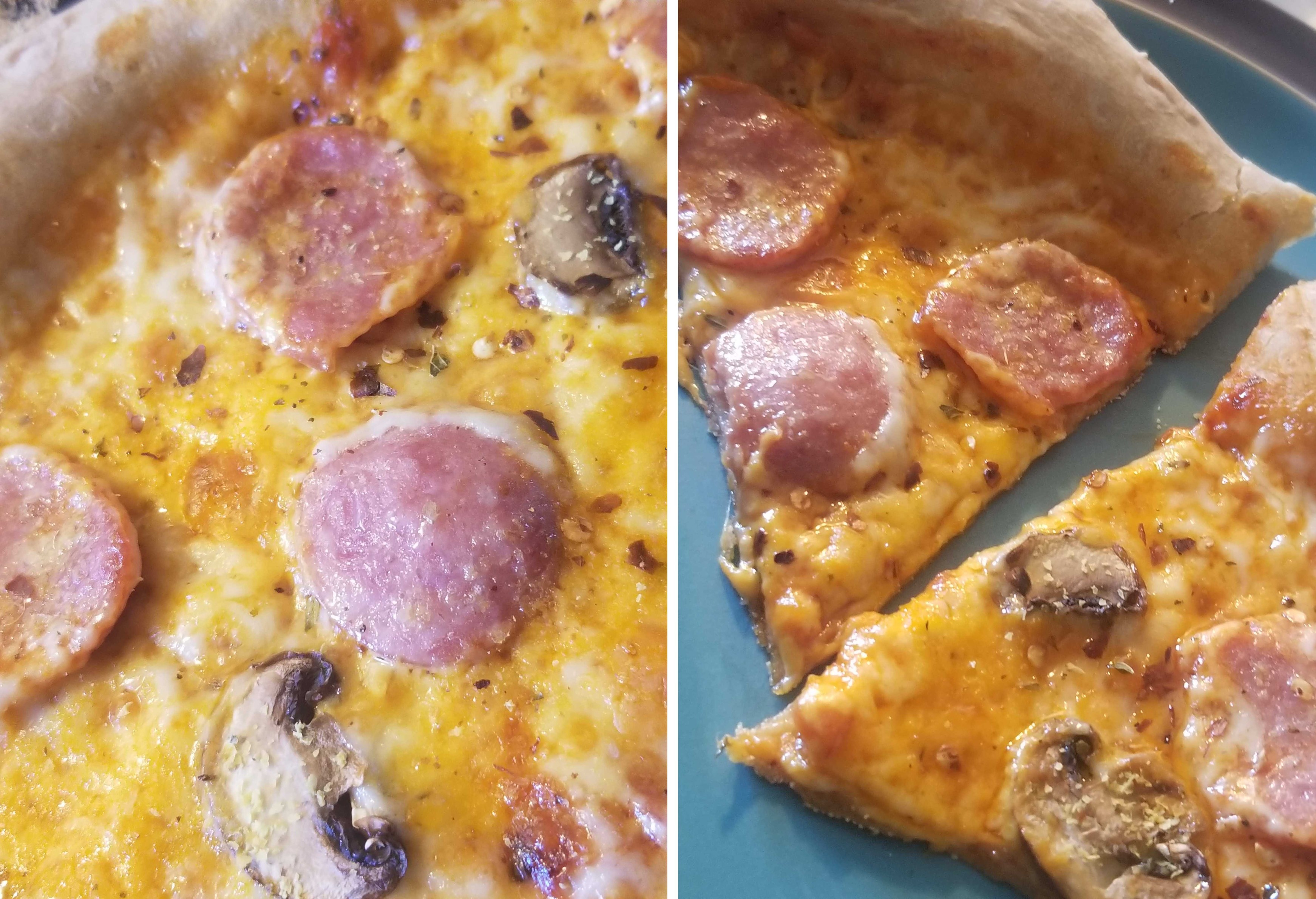 2 pictures side-by-side. Pic 1 is a close up of the pizza. Pic 2 is slices of the pizza on a blue plate.