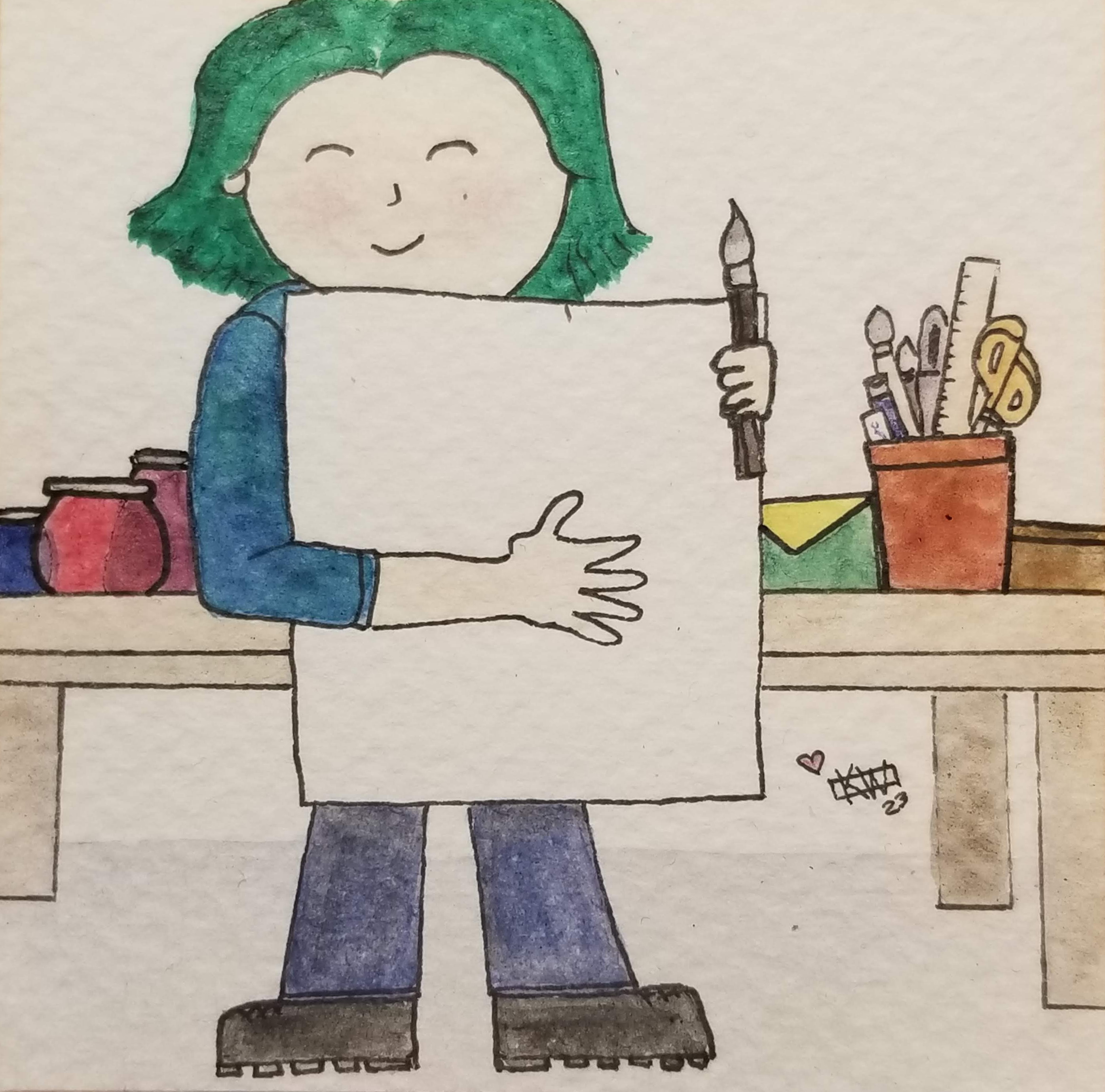 Watercolor & ink painting of a pale woman with short green hair smiling as she holds a paintbrush & a piece of paper nearly as big as herself. The table behind her is covered in art supplies & mysterious bottles.