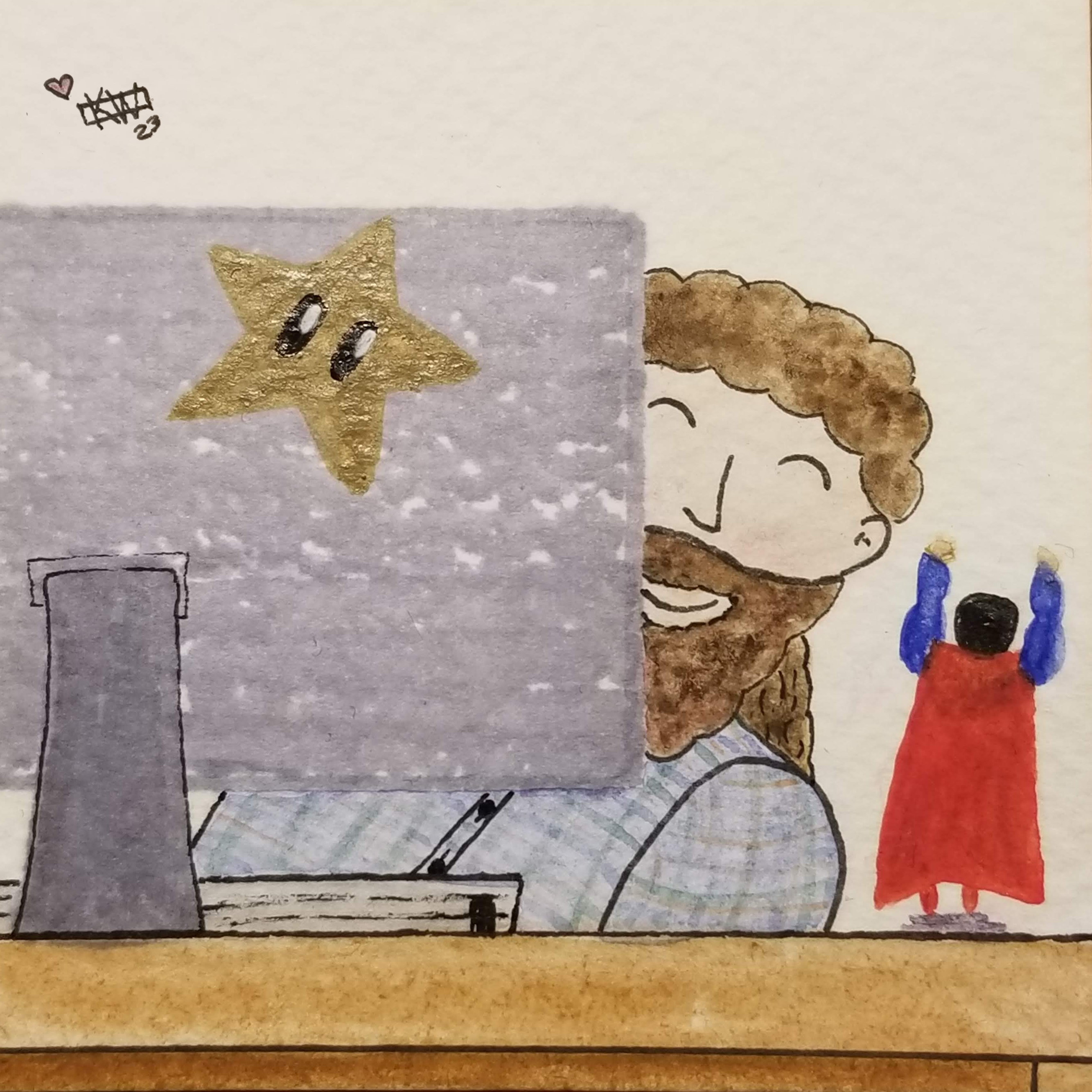 Watercolor & ink painting of a man with curly brown hair & a beard smiling as he leans out from behind a computer monitor. There is a Superman action figure on his desk & a Super Star on his monitor.