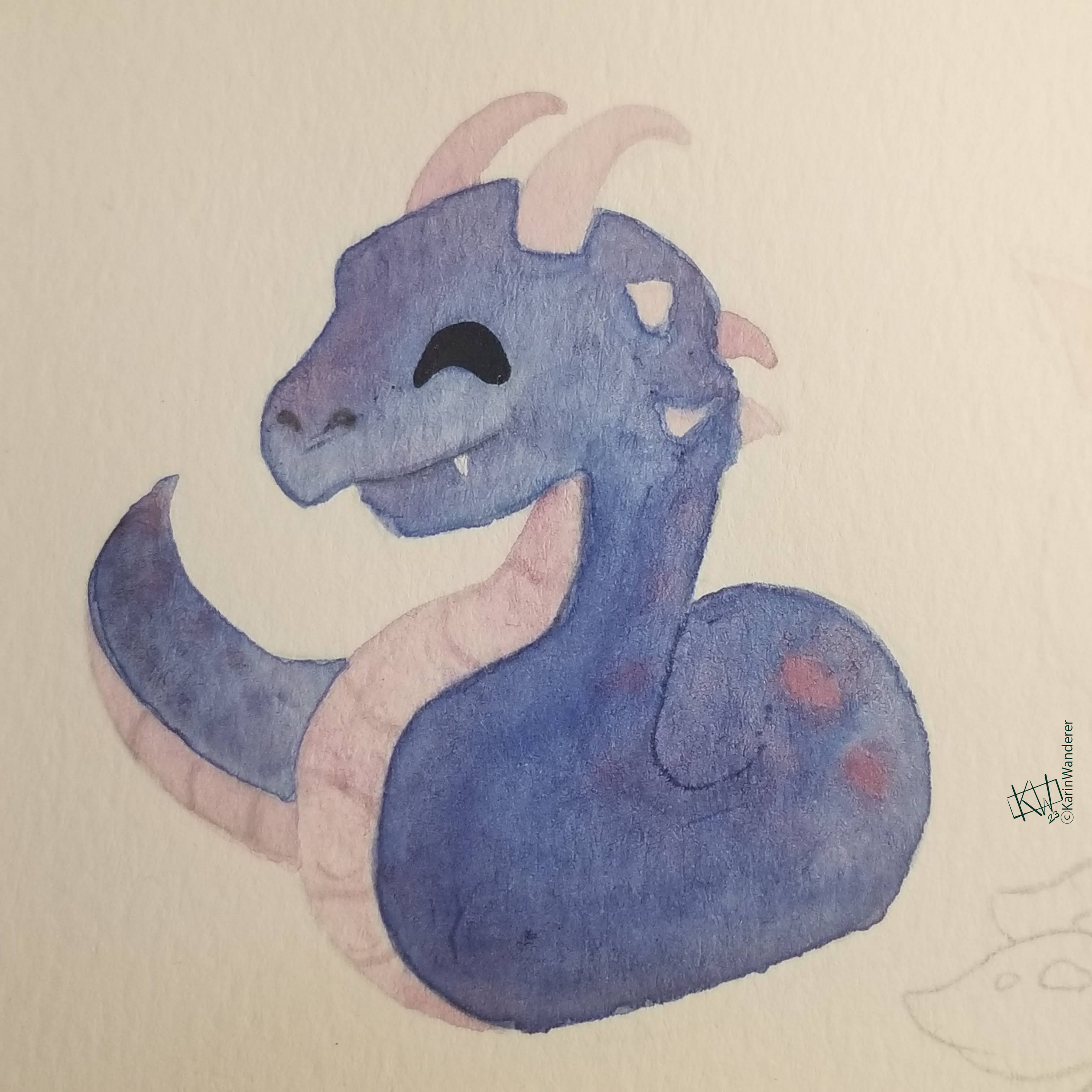 Watercolor of an adorable blue-purple-pink basilisk, smiling contentedly