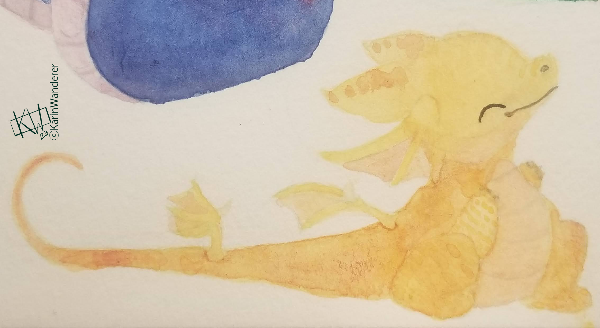 Watercolor of a happy plump little yellow-orange dragon. Their tail is longer than the rest of their body, with wings on their back & tail.