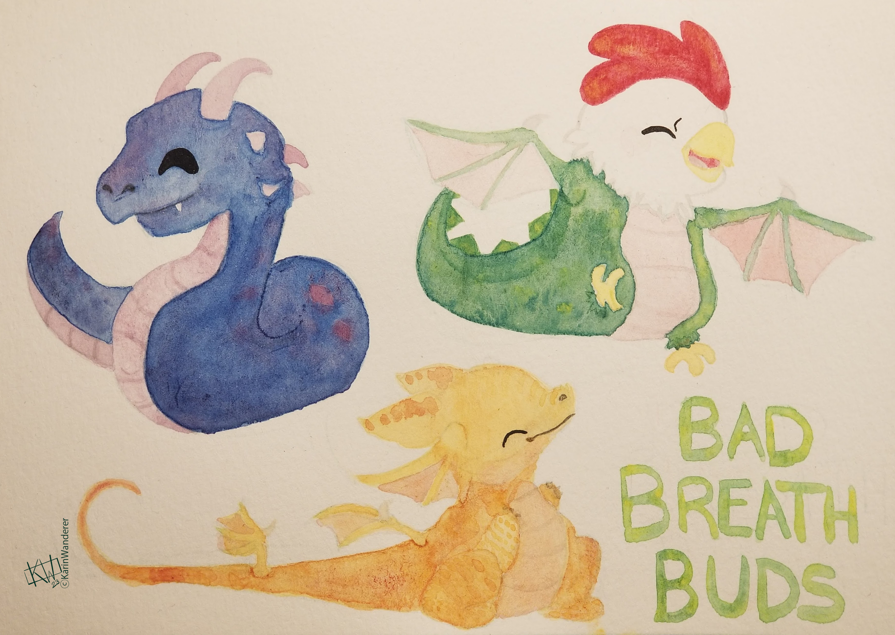 Watercolor of 3 very cute & happy cryptids; a basilisk, a cockatrice, & a dragon with a very long tail. Text reads "Bad Breath Buds".