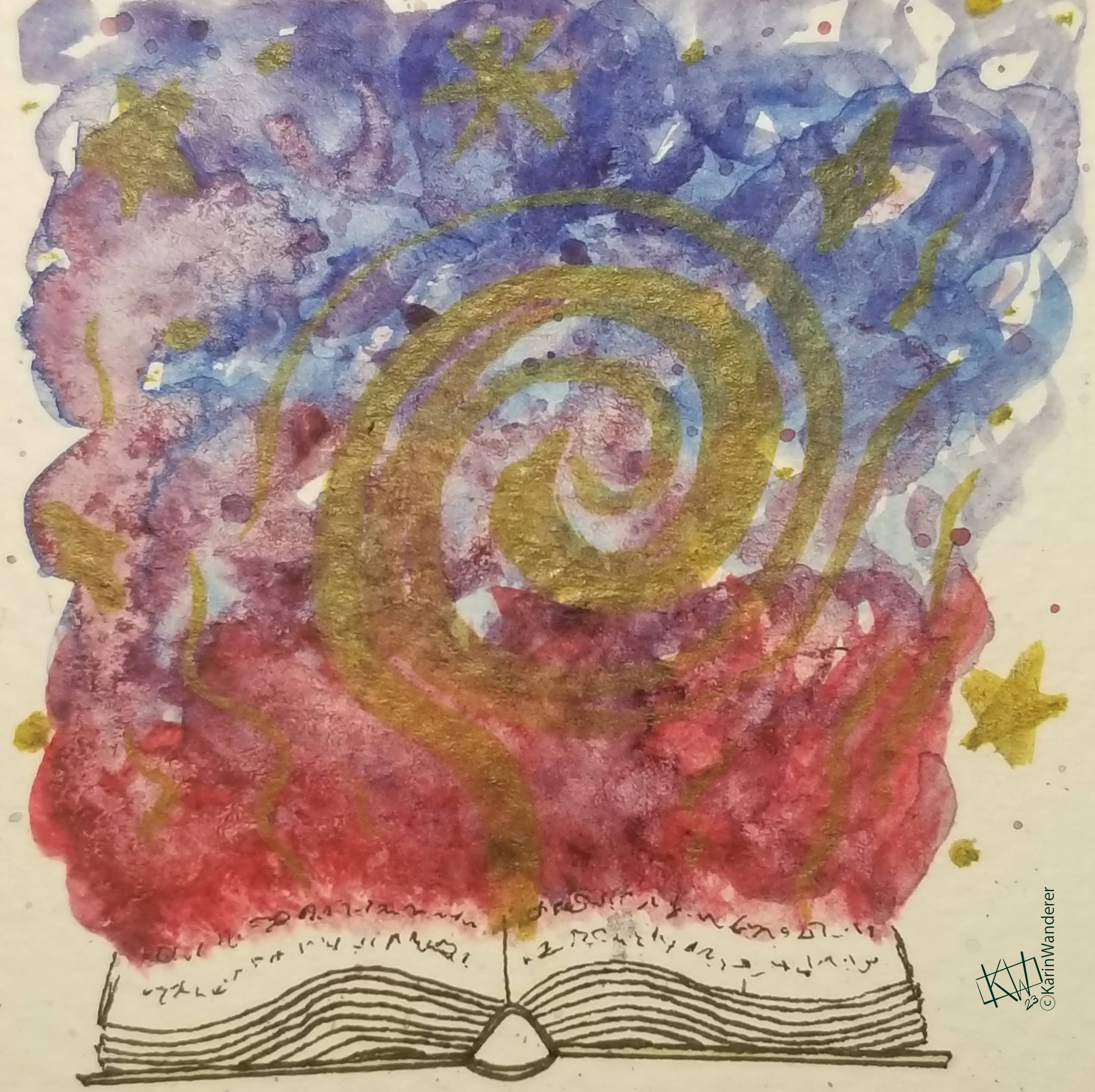 Watercolor & Ink line drawing of an open book. Pink-purple-blue haze is rising from the pages, along with bronze swirls & stars.