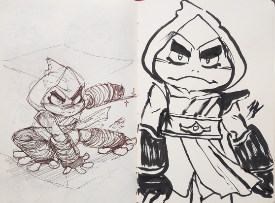 Double page spread of a fine liner pen sketch and an ink brush sketch of Bullfrog from Captain Laserhawk. The fine liner sketch has him in a hero crouch pose with one of his wrist daggers out to the side, and a standard, neutral front facing post for the ink sketch. Double page spread of a fine liner pen sketch and an ink brush sketch of Bullfrog from Captain Laserhawk. The fine liner sketch has him in a hero crouch pose with one of his wrist daggers out to the side, and a standard, neutral front facing post for the ink sketch.