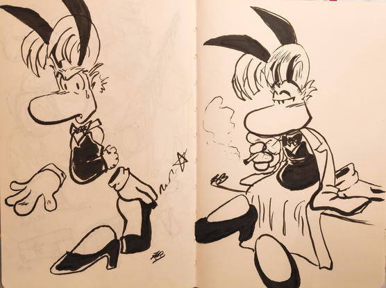 Double page spread of ink brush sketches of Rayman dressed in a Playboy bunny suit. The first sketch he's holding onto one high heel while walking as he's not used to these shoes. The second sketch has him sitting down with a long coat over his bunny suit and he's smoking a cigarette. Double page spread of ink brush sketches of Rayman dressed in a Playboy bunny suit. The first sketch he's holding onto one high heel while walking as he's not used to these shoes. The second sketch has him sitting down with a long coat over his bunny suit and he's smoking a cigarette.