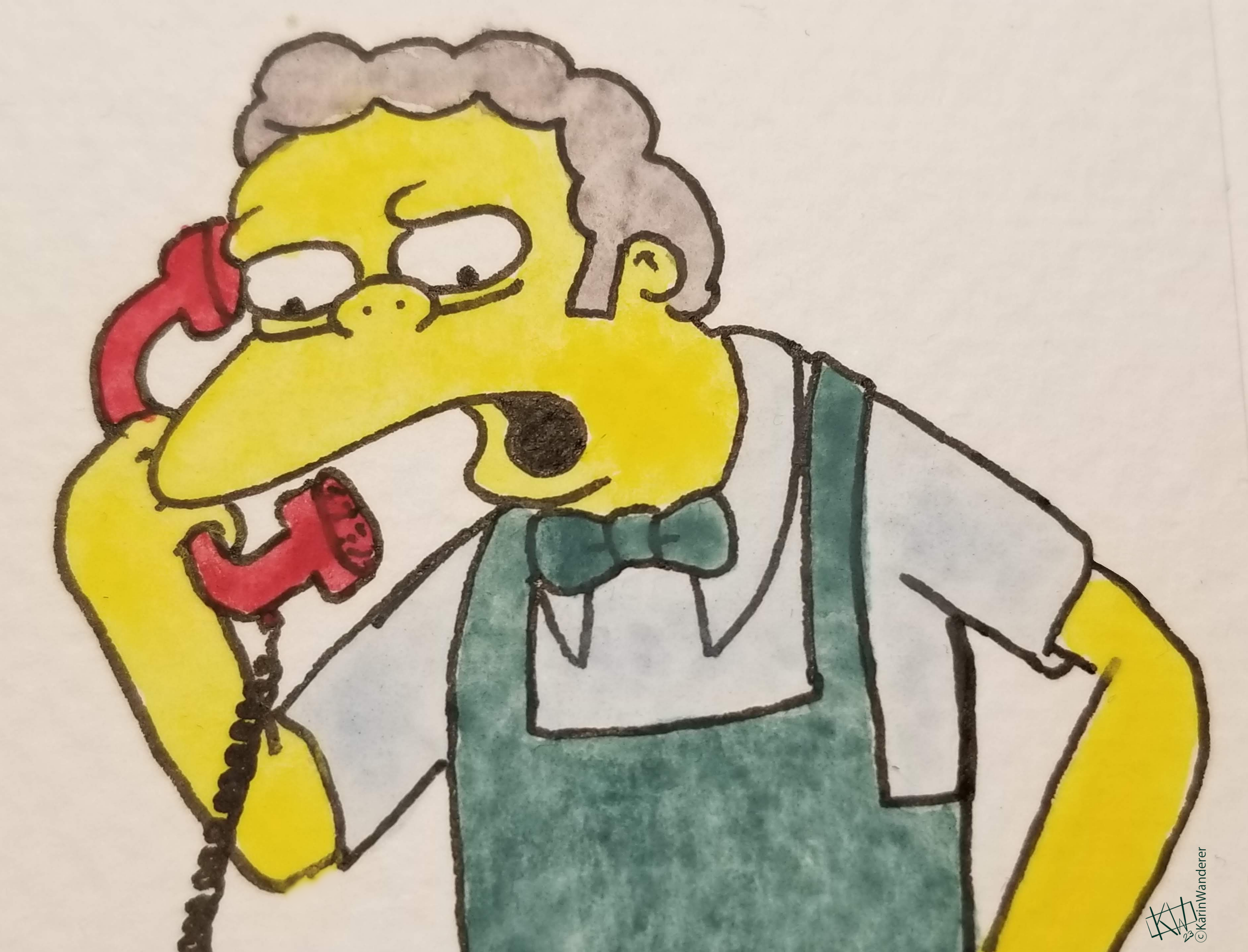 Watercolor of Moe Szyslak from The Simpsons getting prank called.