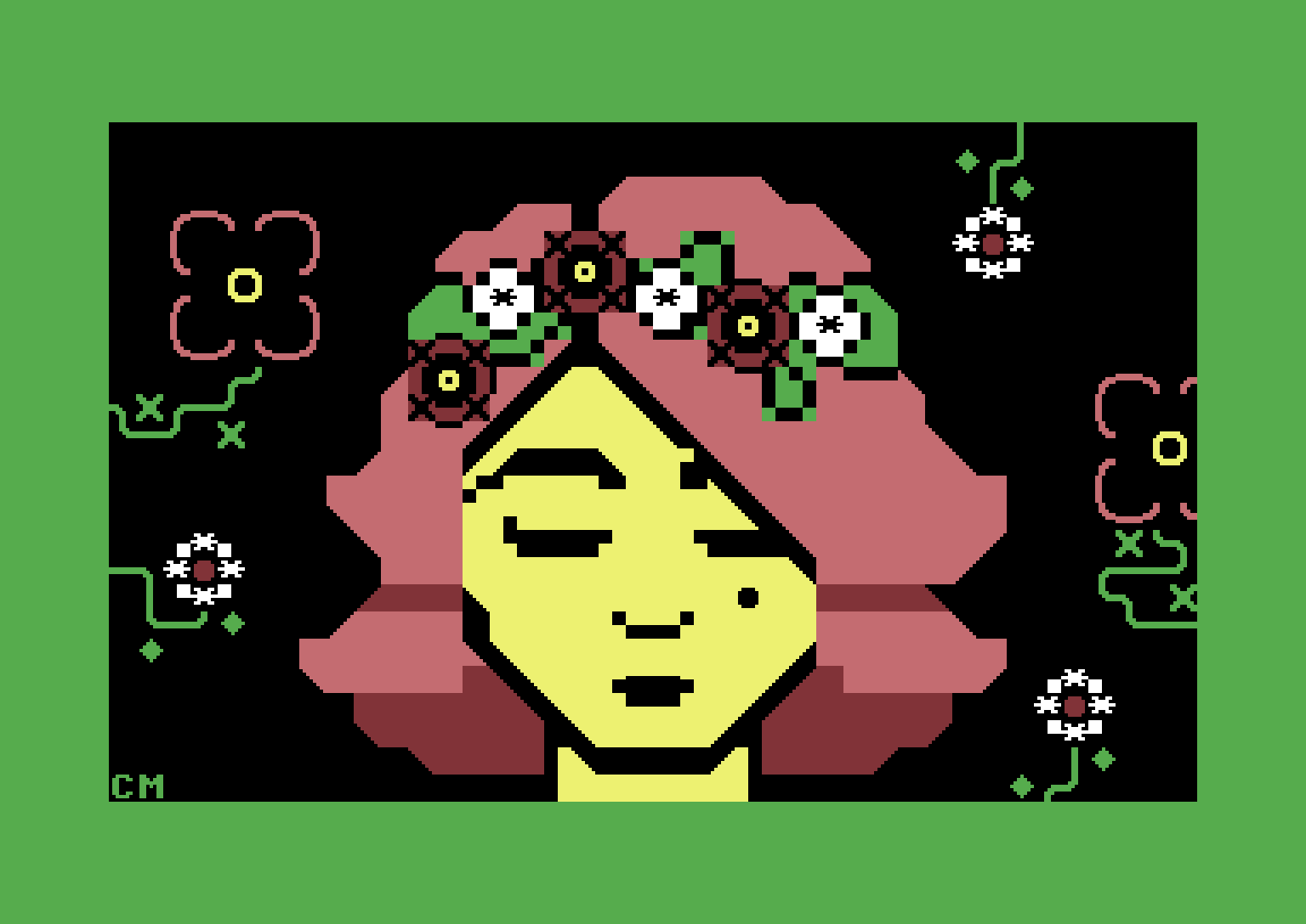 a textmode portrait of a woman with closed eyes surrounded by symbolic flowers. she has yellow skin (due to the limitations of the palette), pink petal-like hair and she is wearing a flower wreath made of white and red flowers