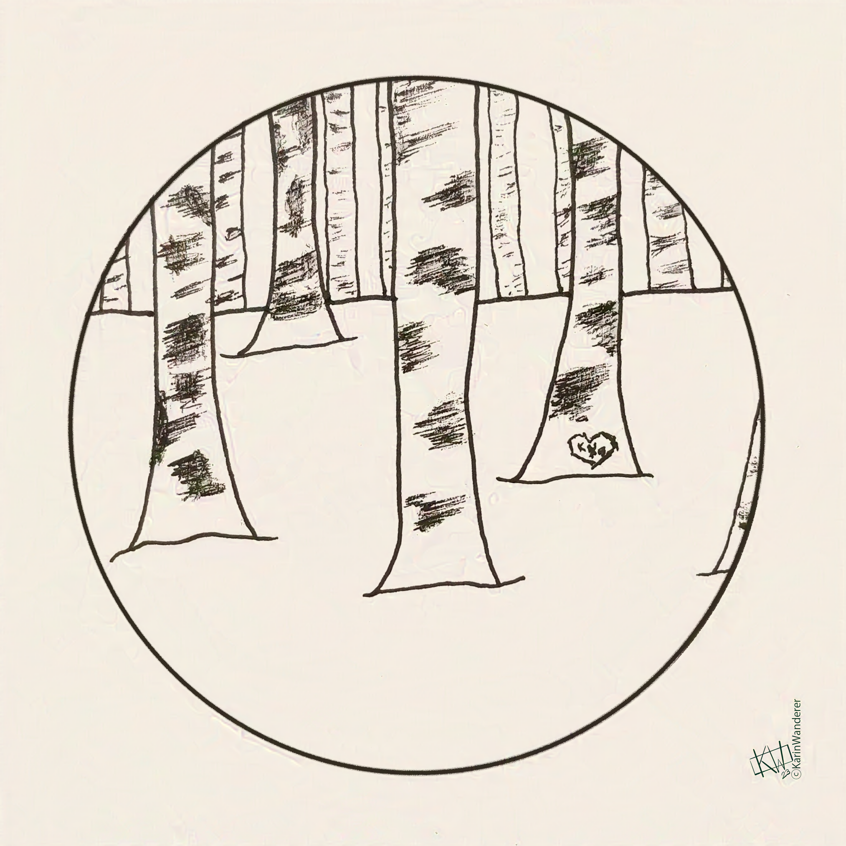 Line art of a birch forest. One tree has a heart & initials carved into it.