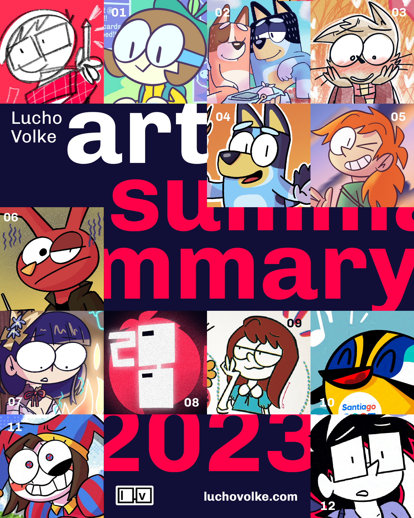 Digital gallery of some art pieces made by Lucho Volke during 2023, one for each month.