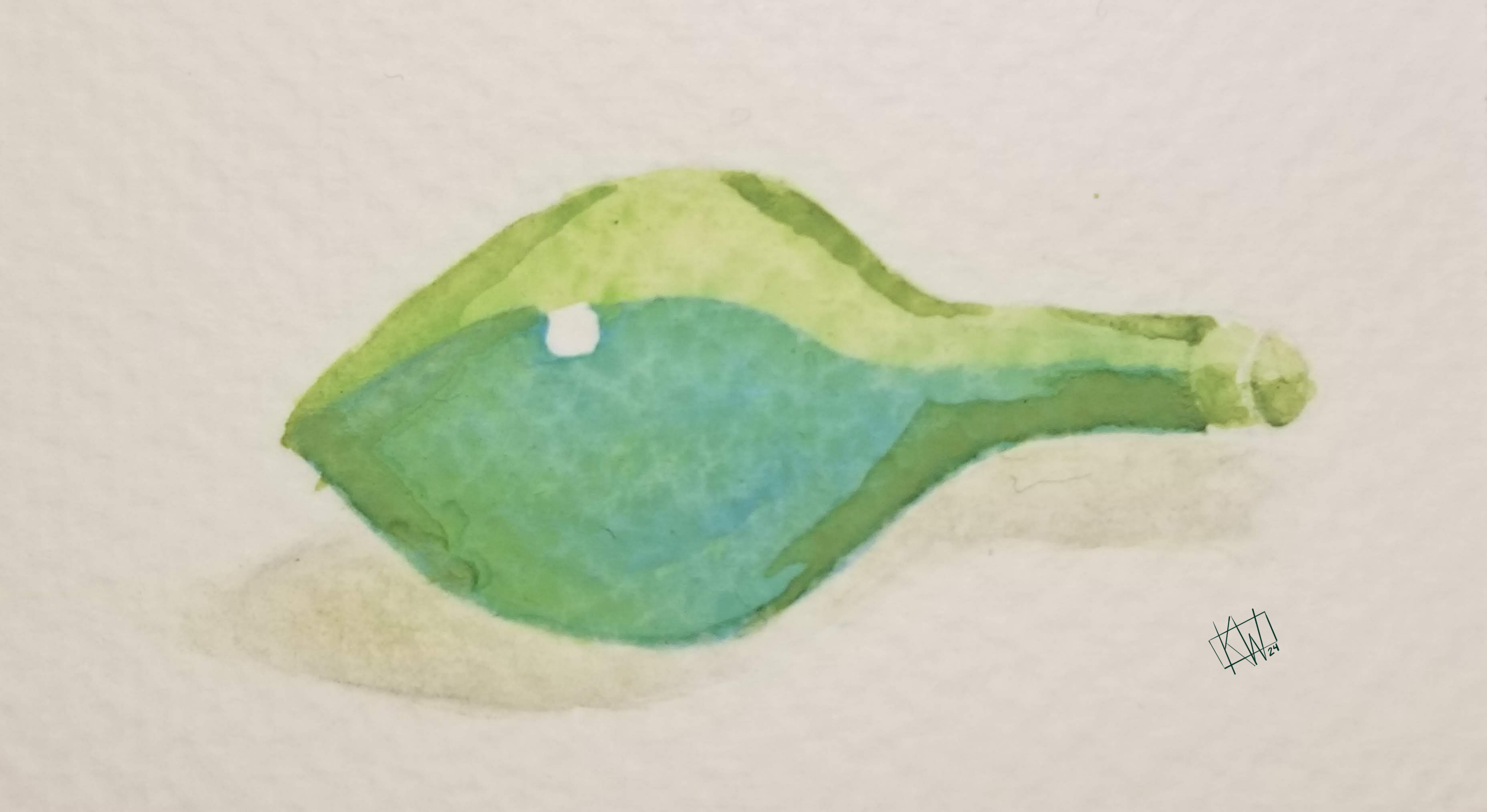 Watercolor of a green glass bottle lying on its side.