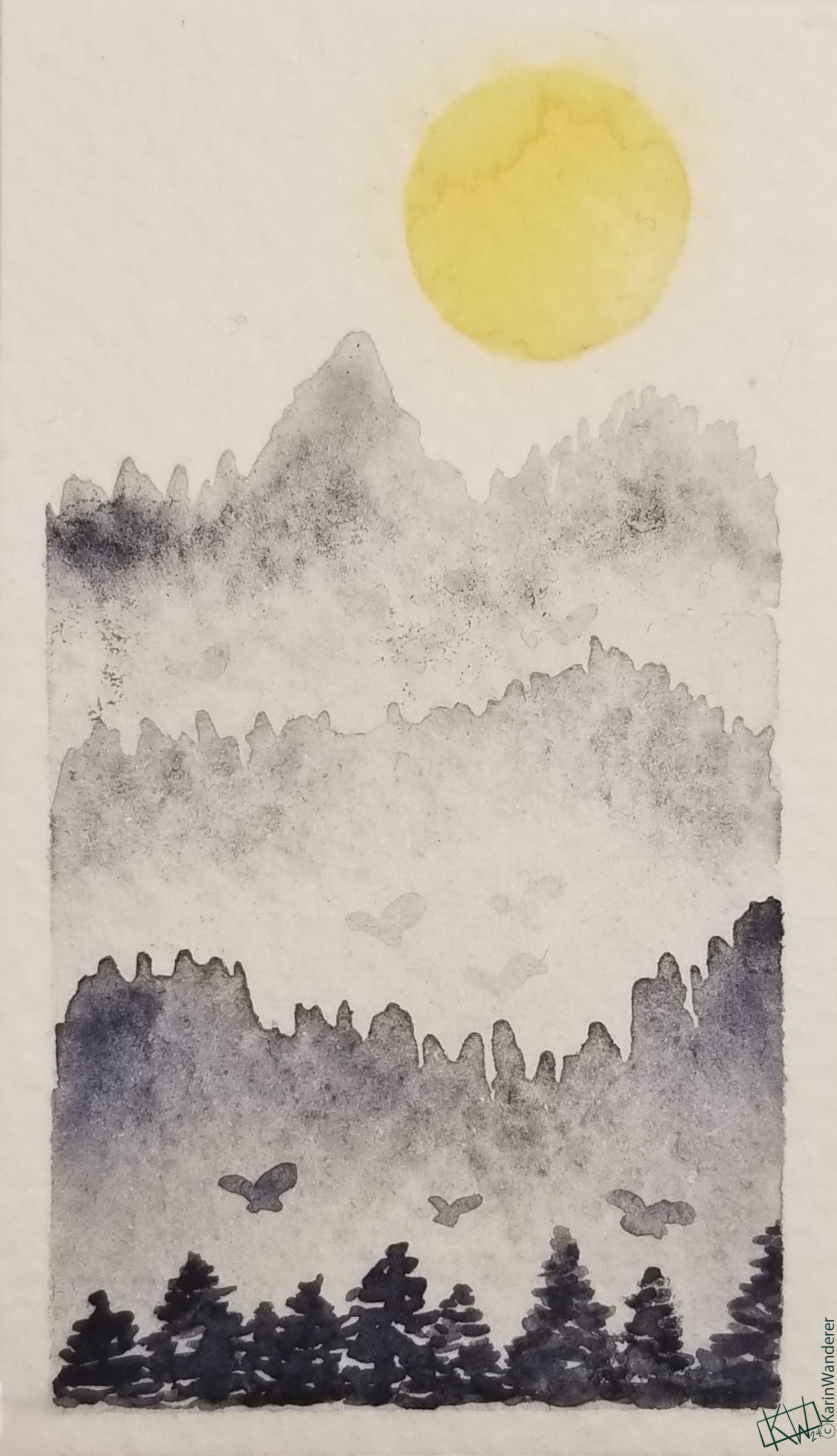 Watercolor of enormous butterflies hovering above pine trees, silhouetted against mountain chains stretching off into the distance, wrapped in mists too deep for the sun to burn off.