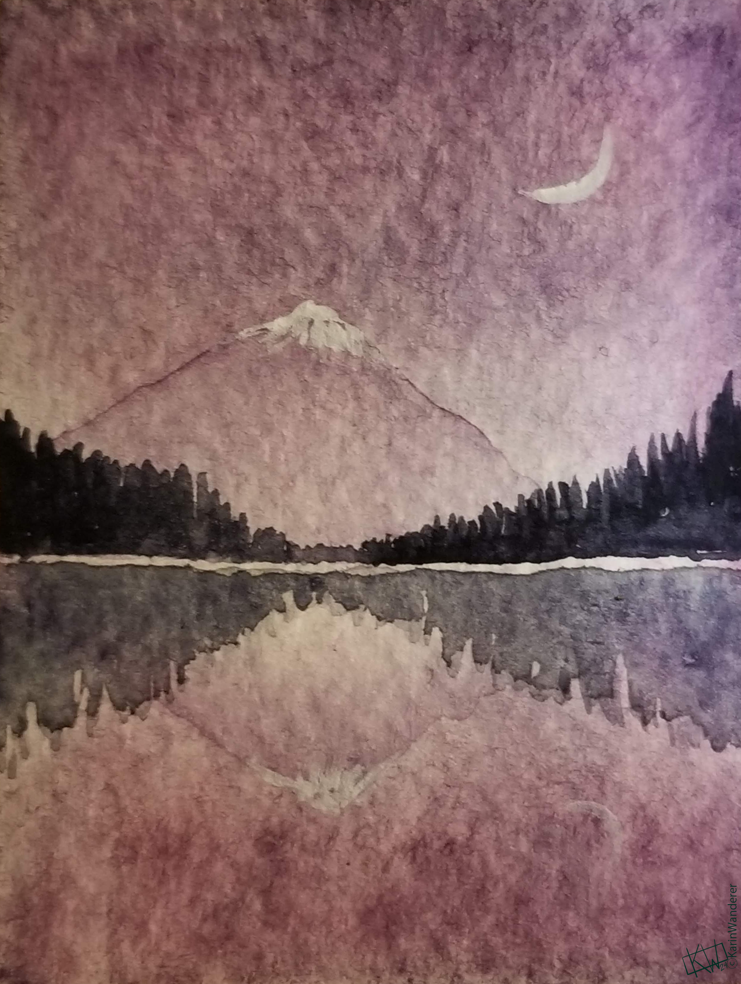 Watercolor of a crescent moon hanging in a deep purple sky over a distant snow-capped purple mountain. A pine forest grows from the base of the mountain to a wide lake, which reflects the trees, mountain, & night sky.