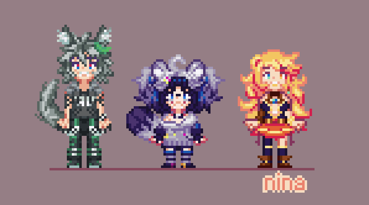 3 chibi pixel character, one of a large wolf man, one of a short raccoon girl, and one of a blonde medium tall height.