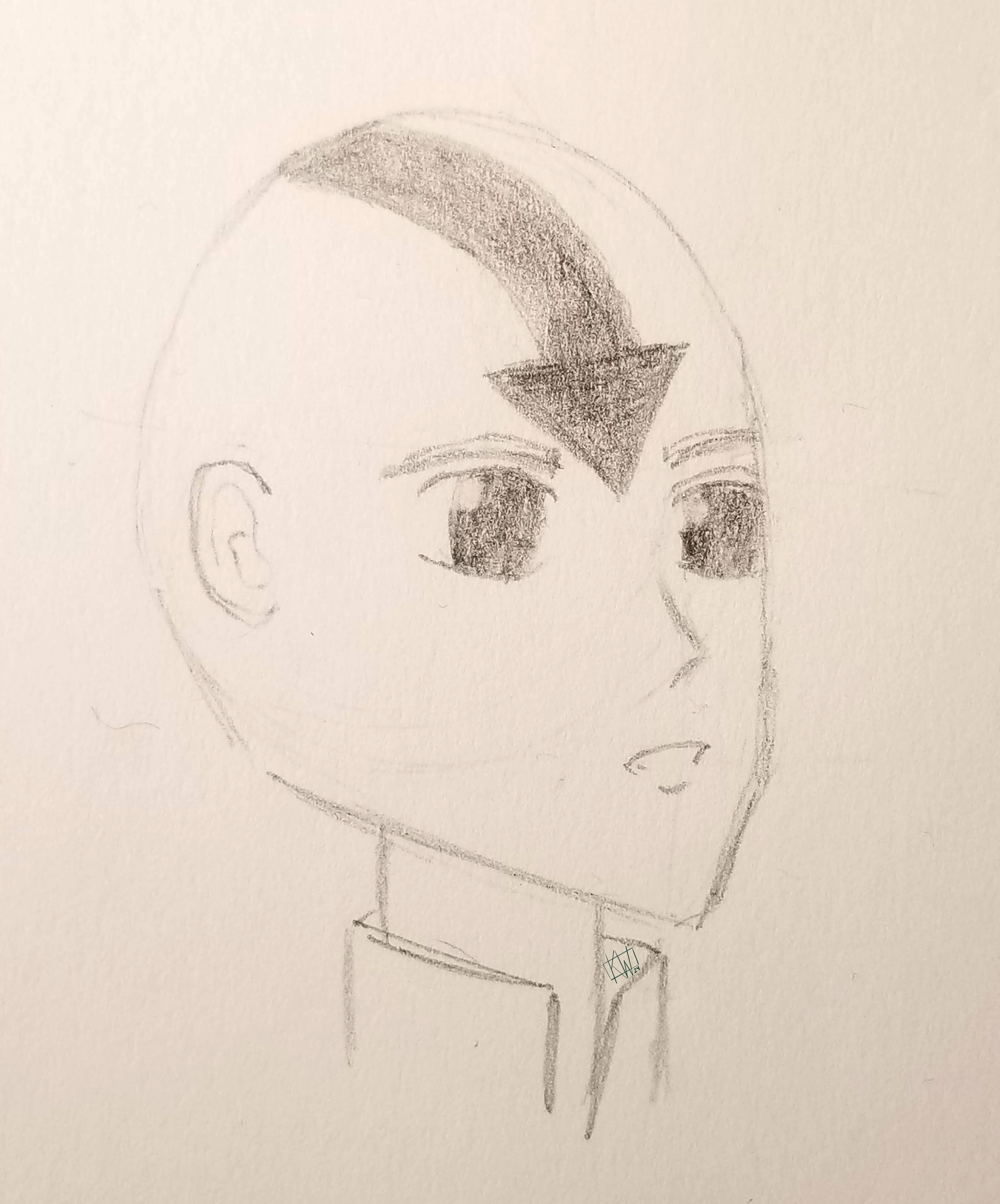 Pencil sketch of Avatar Aang: a happy bald boy with an arrow tattooed on his head that is pointing down towards his nose.