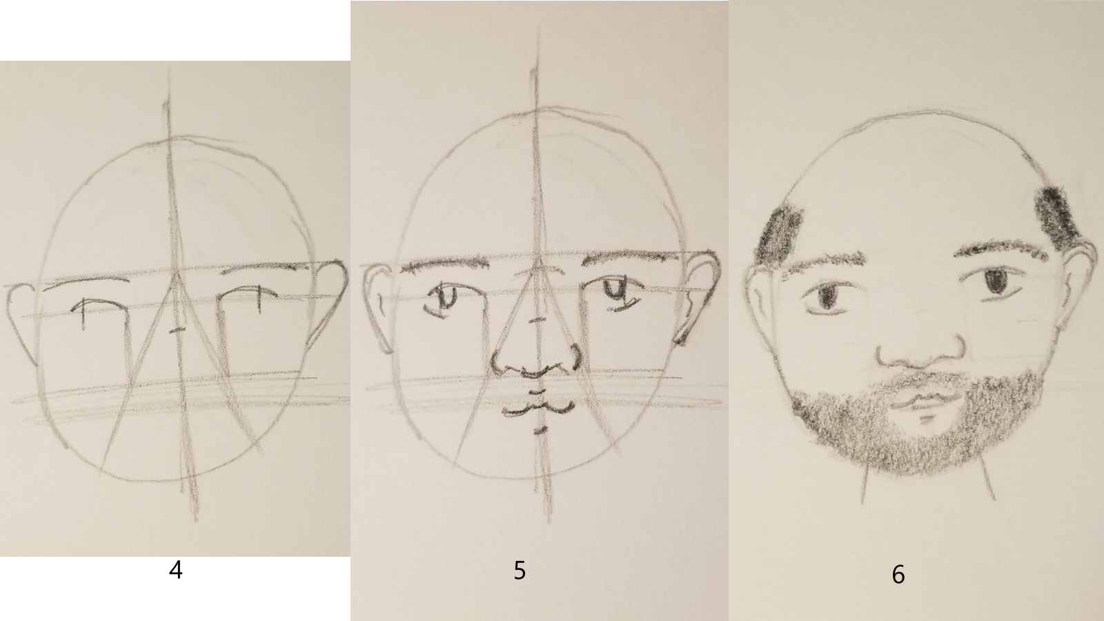 Pencil drawing of the last three steps to drawing a human face.
Step 4: The inner corners of the eyes line up with the outer corners of the nose, where the triangle crosses the nose line.
Step 6: Finishing details like hair.