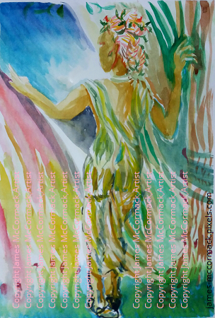 Spring. Watercolour.

A female figure representing spring holding a flowering plant, in green, brown and blue.