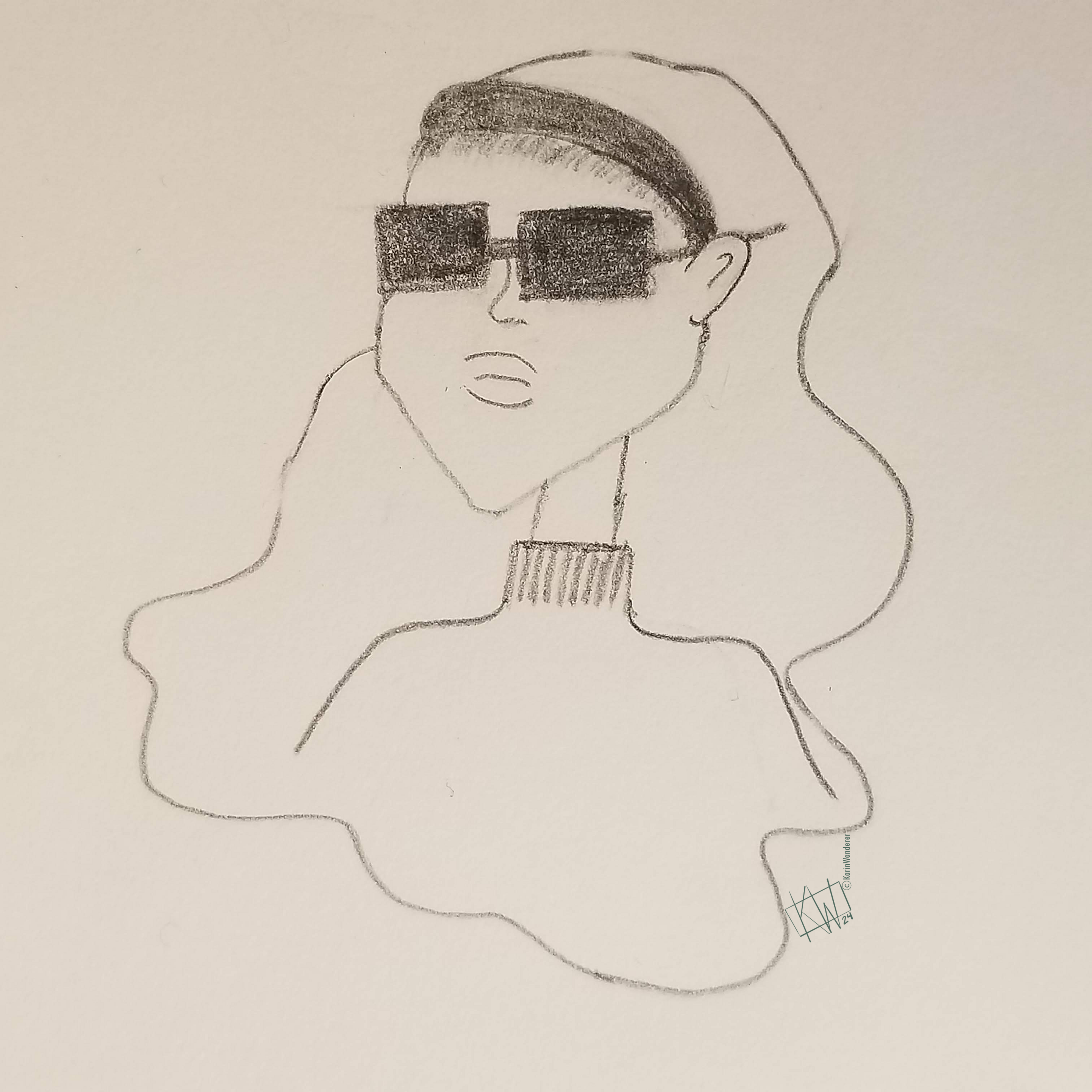 Pencil sketch of woman wearing sunglasses & a head band to hold back her long hair.