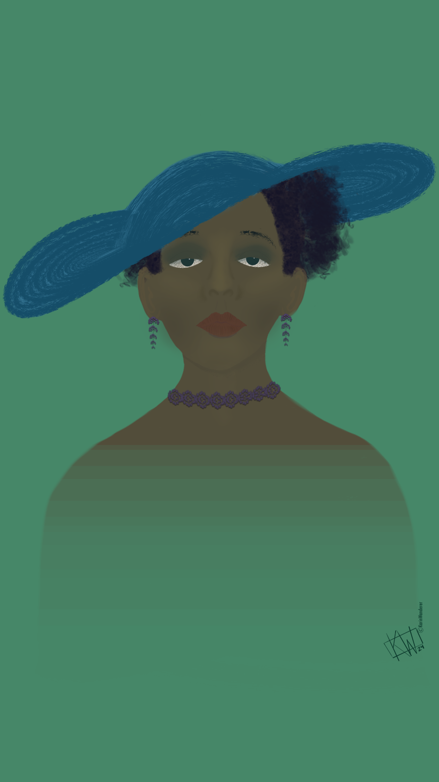 Digital drawing of a woman looking calmly at the viewer. Her curly black hair is worn up under a wide-brimmed blue hat tilted to one side. She wears a purple necklace & earrings. Her body rapidly disappears from the collarbone down.