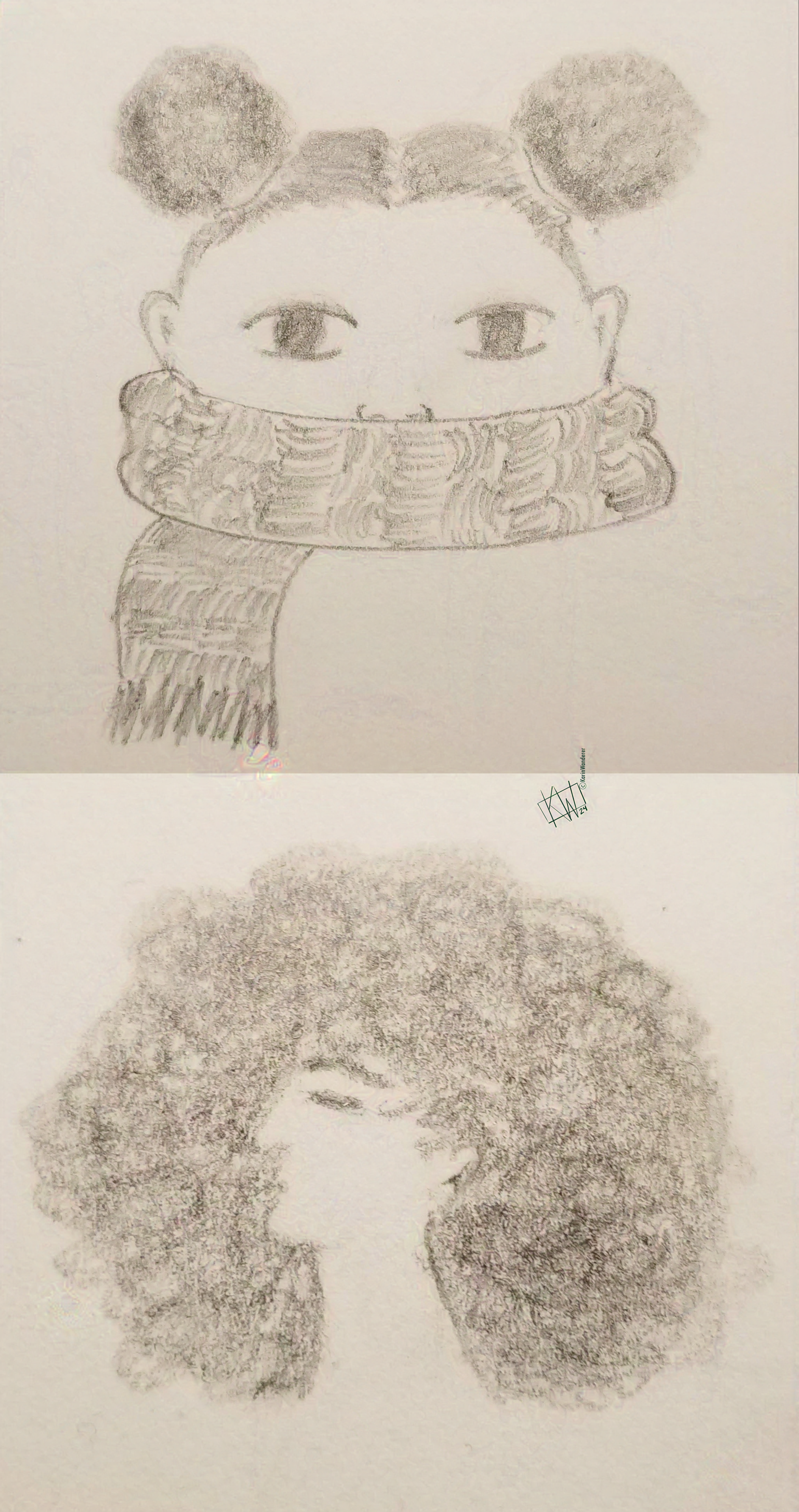2 pencil sketches: 1 is a little girl with her hair in twin buns. Most of her face is hidden in a scarf. 2 is a stylized person with an enormous head of curls framing their face, shown in profile.