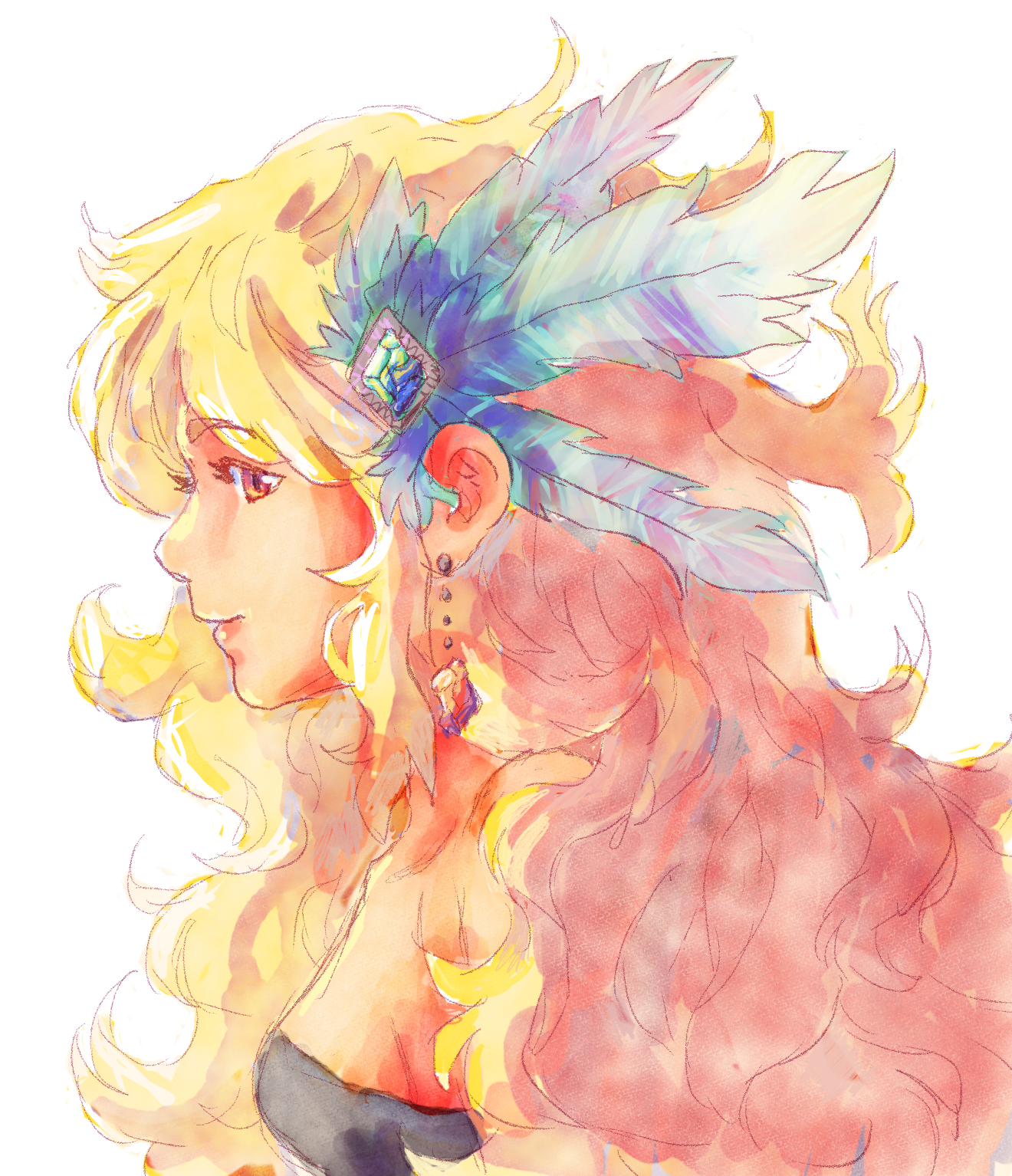 A watercolor looking illustration of a women with a large feathered jewel hair clip and a crystal hanging earring.