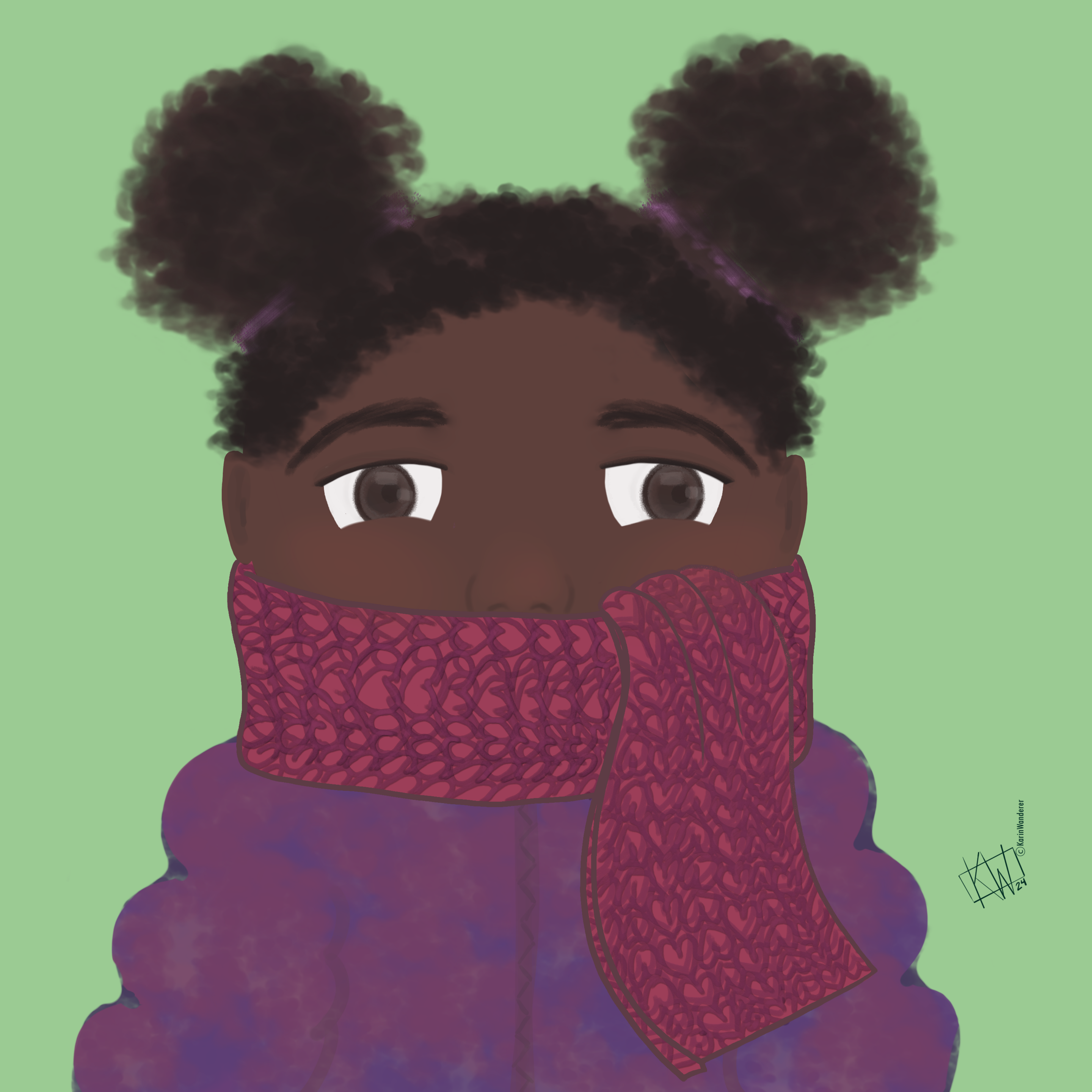 A small child with hair up in twin buns looks just past the viewer. She is bundled up in a pink scarf & a purple puffy jacket.