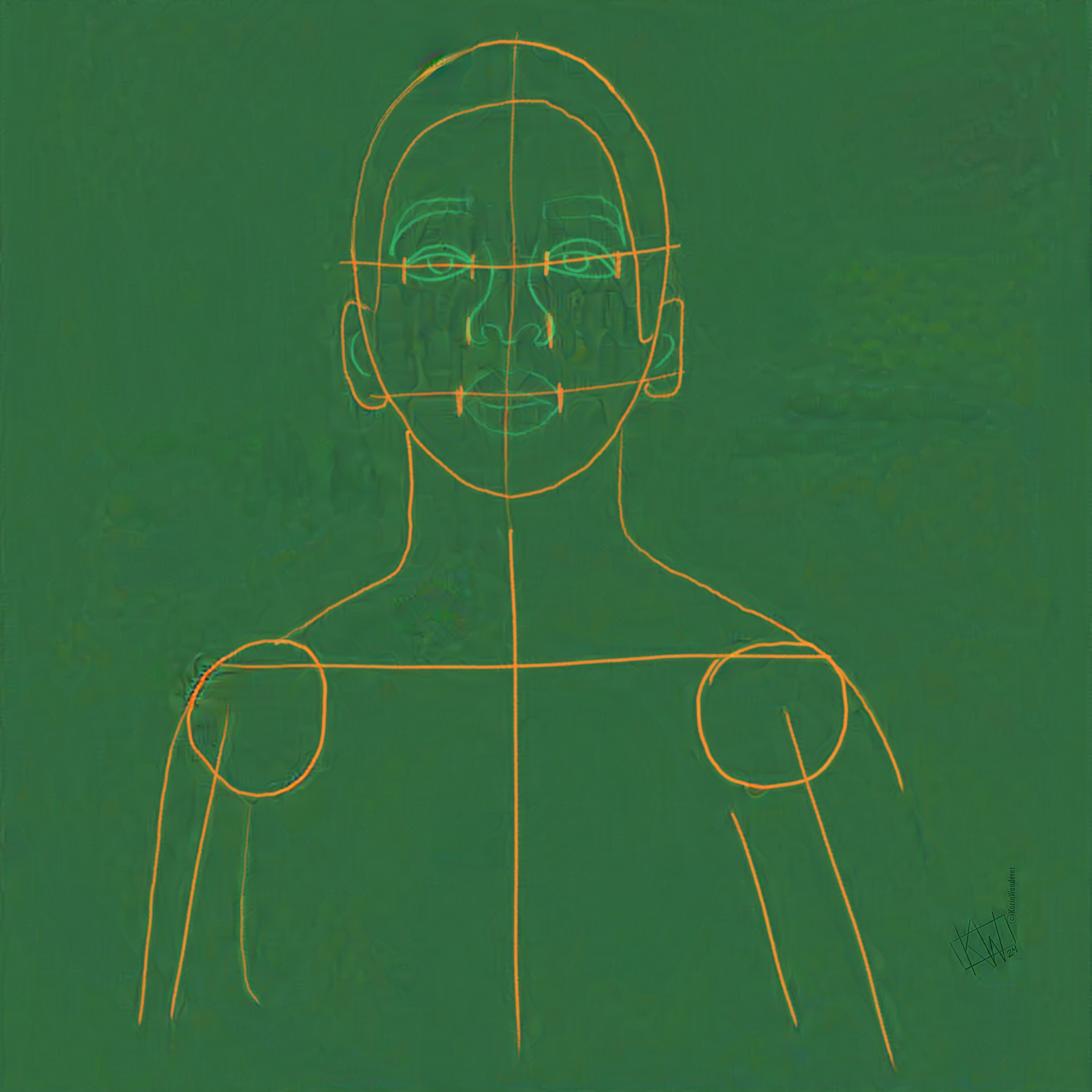 Wireframe outline of a woman facing the viewer. The body lines are drawn in orange, the face is roughed in using green.