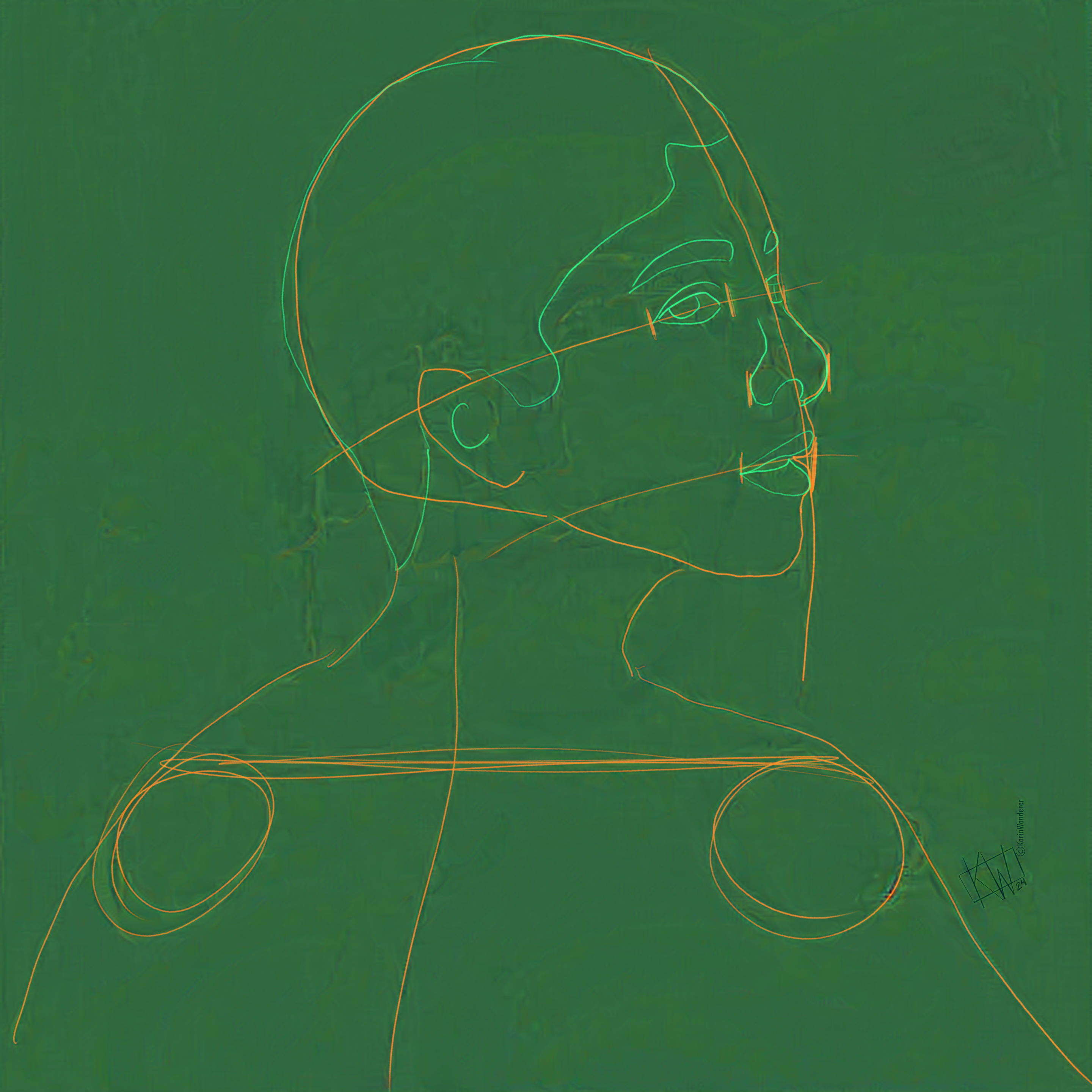 Wireframe outline of a woman facing to the side. The body lines are drawn in orange, the face is roughed in using green.
