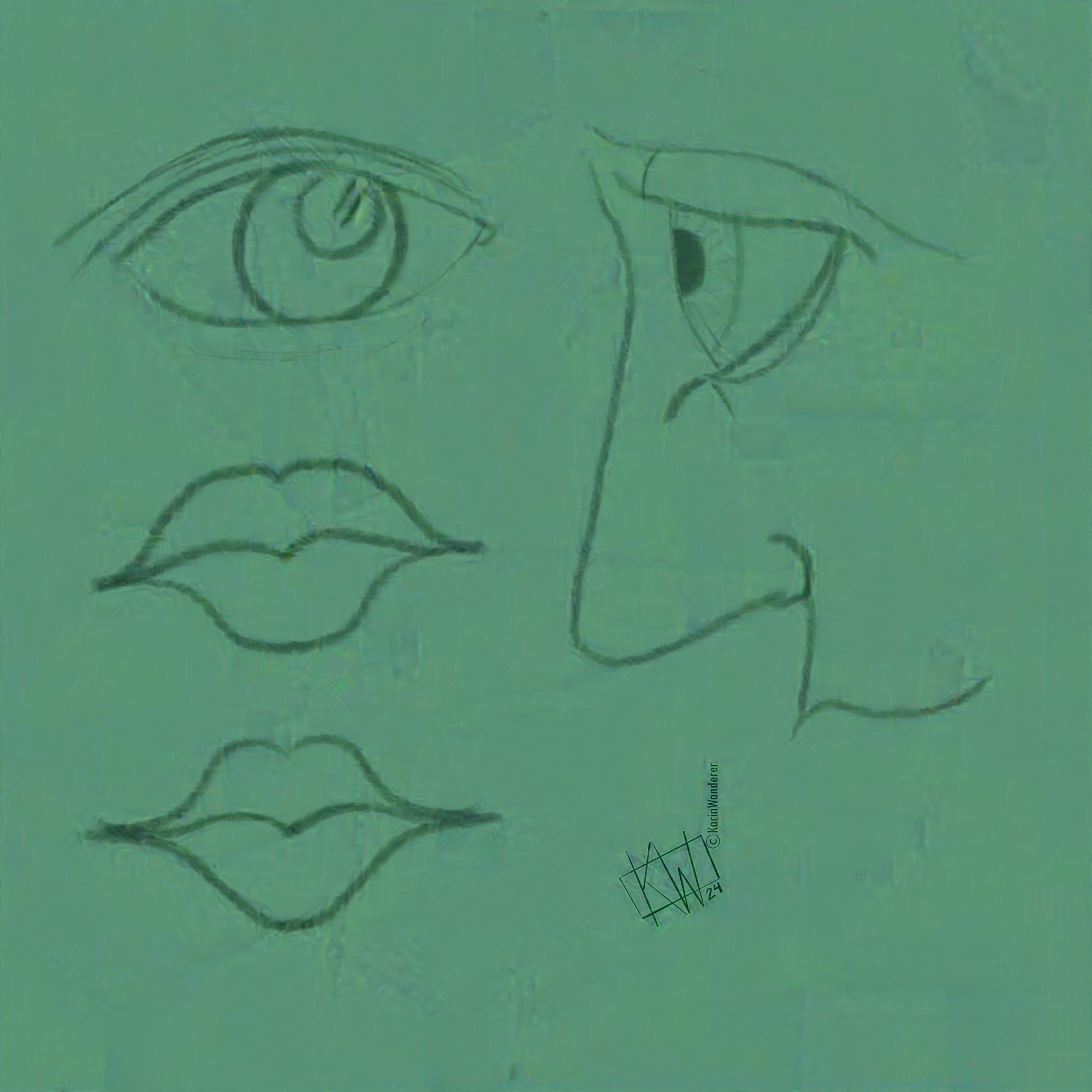 Digital drawings of disembodied eyes, lips, & half a face in profile from the brow line to the upper lip.