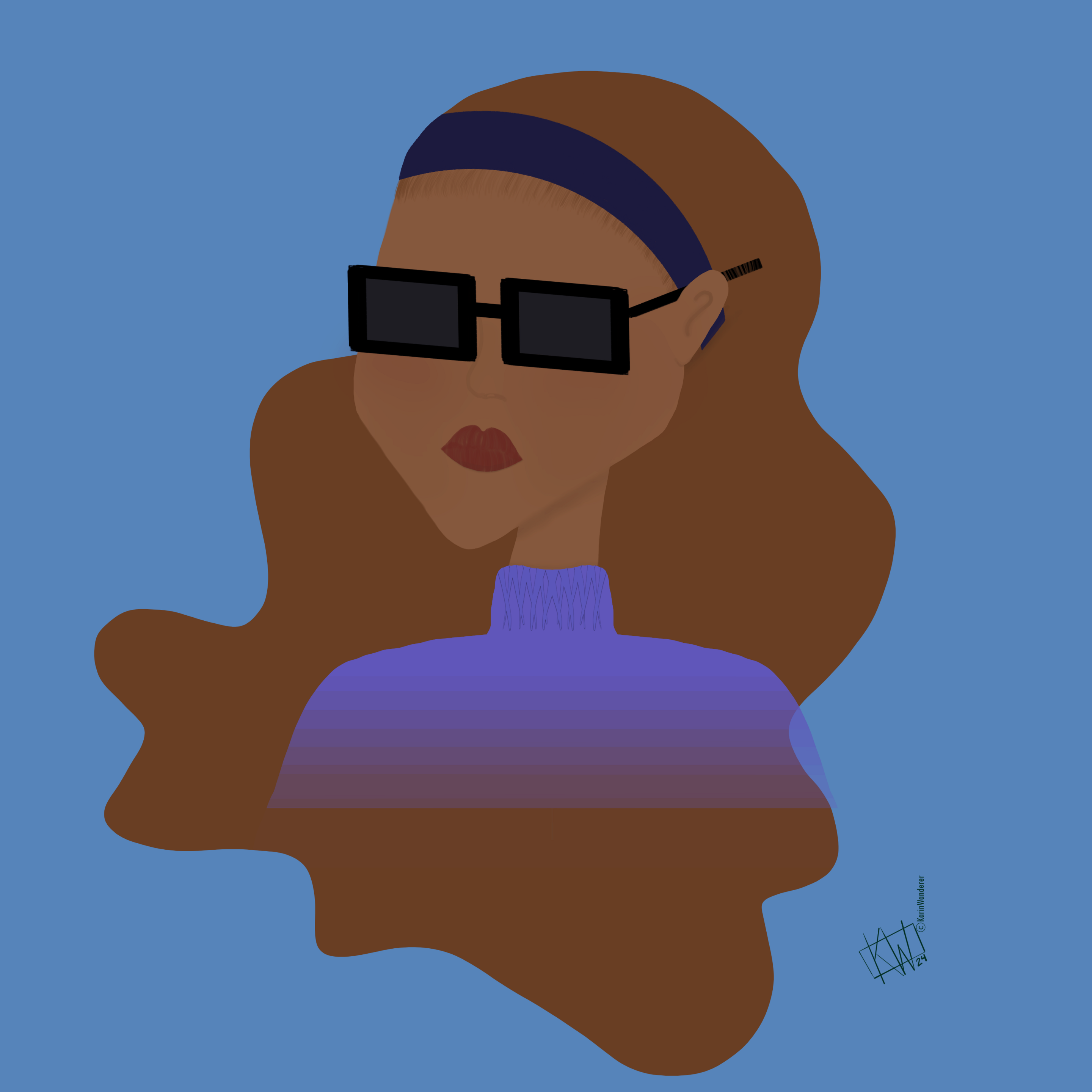 Digital drawing of a stylized woman wearing sunglasses & a head band to hold back her long hair.