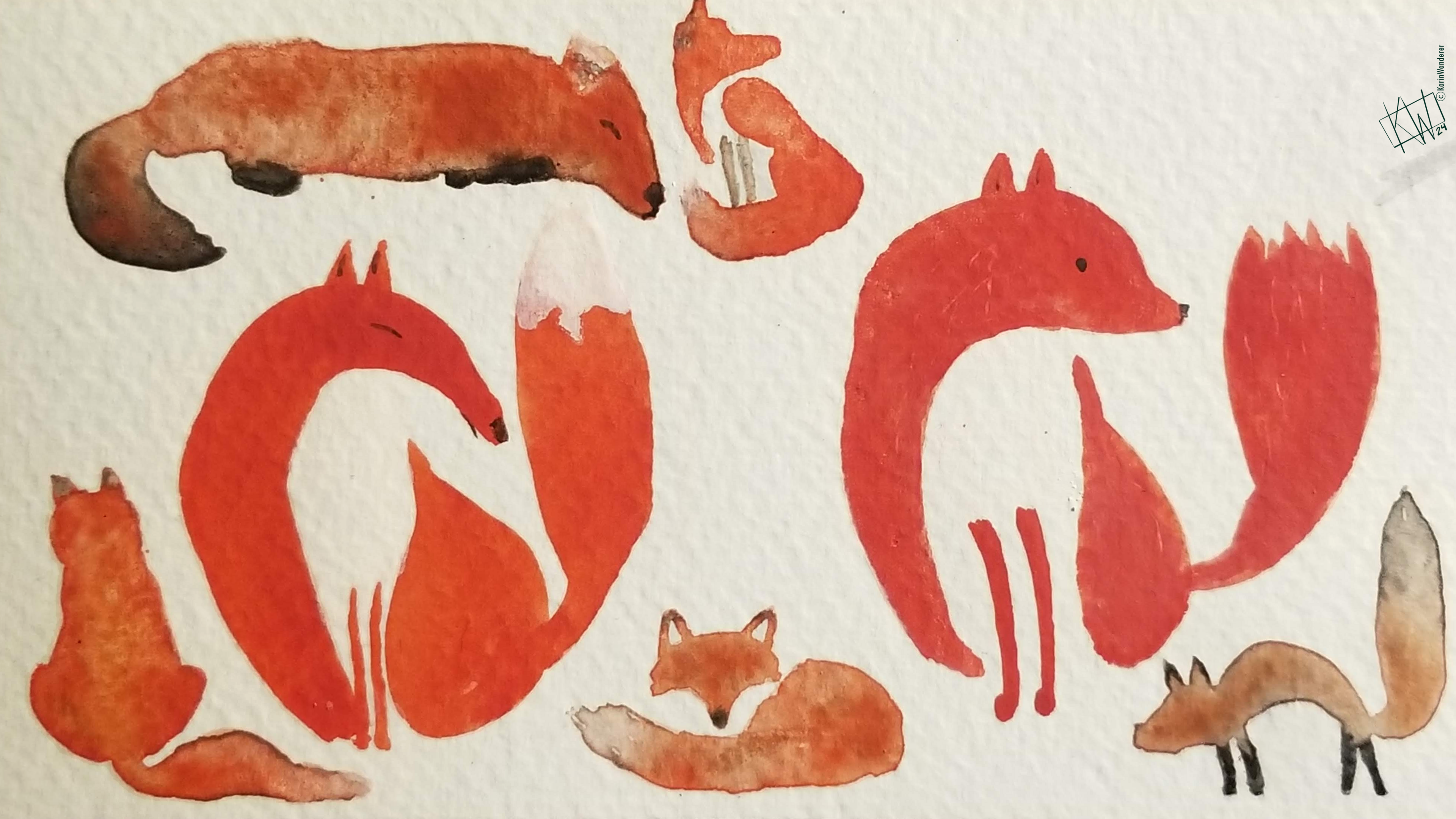 Watercolor foxes sitting, sleeping, & jumping. One of these foxes is a cat in disguise.
