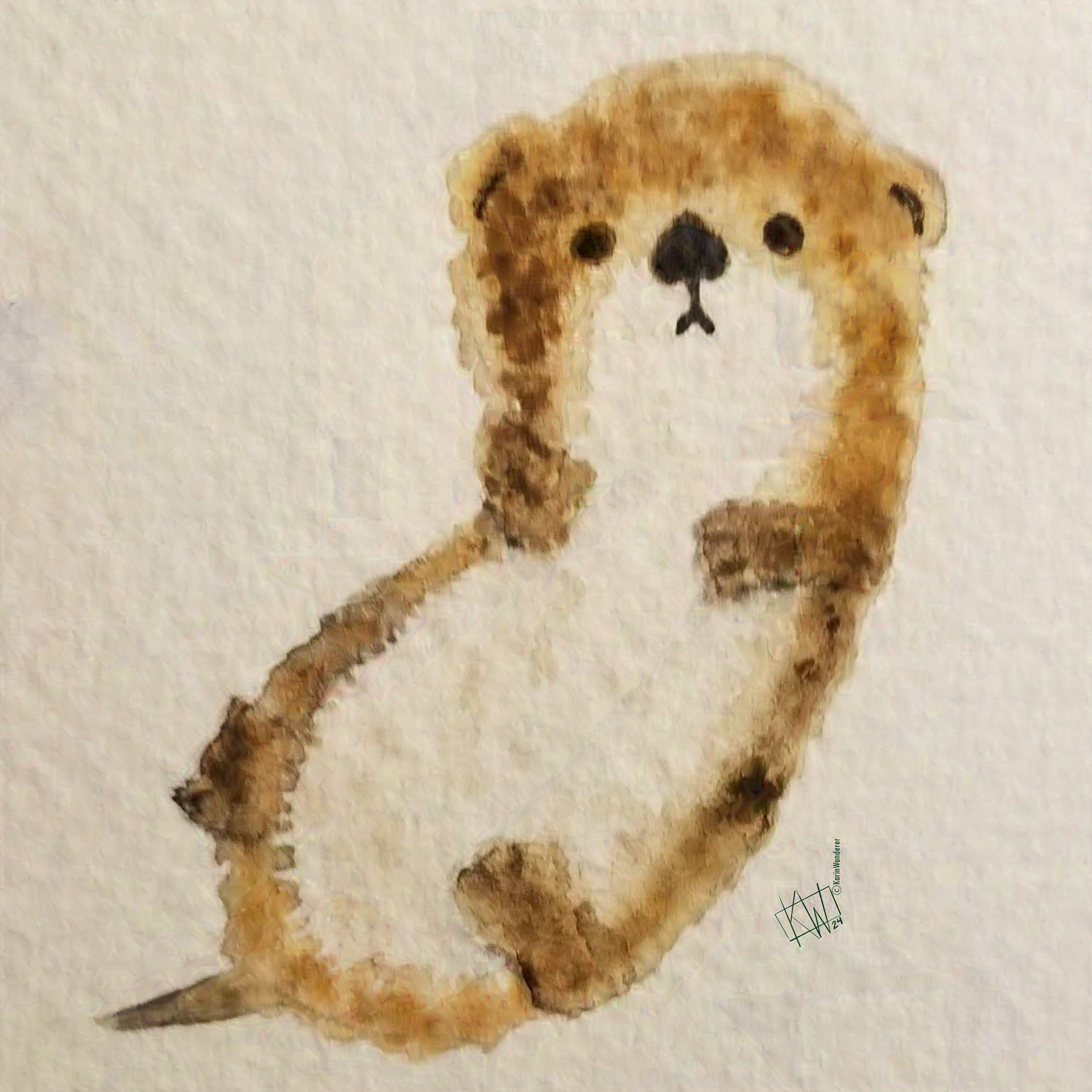 Watercolor of an adorable otter floating on the ocean.