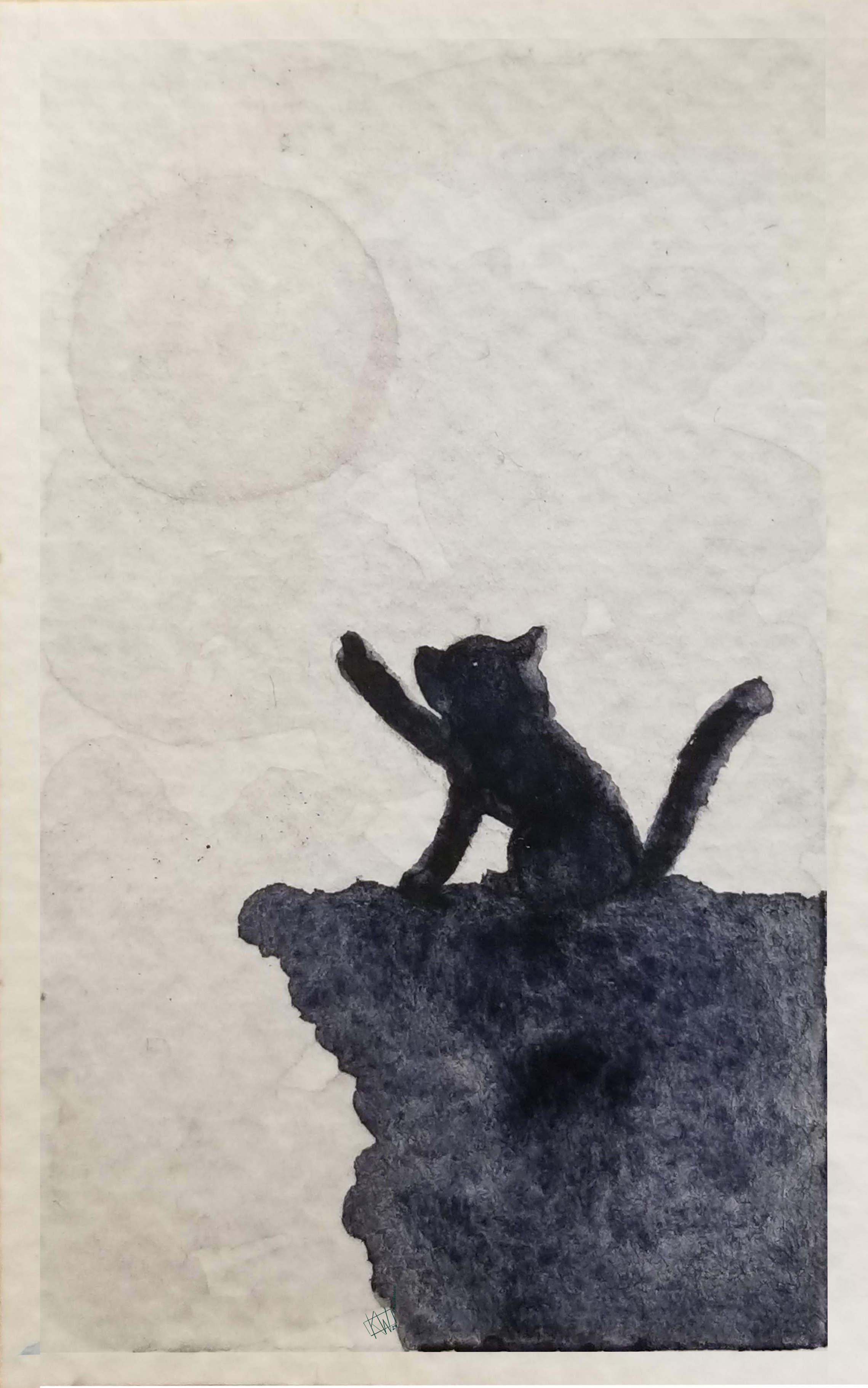 A kitten sits on a cliff & reaches for the moon
