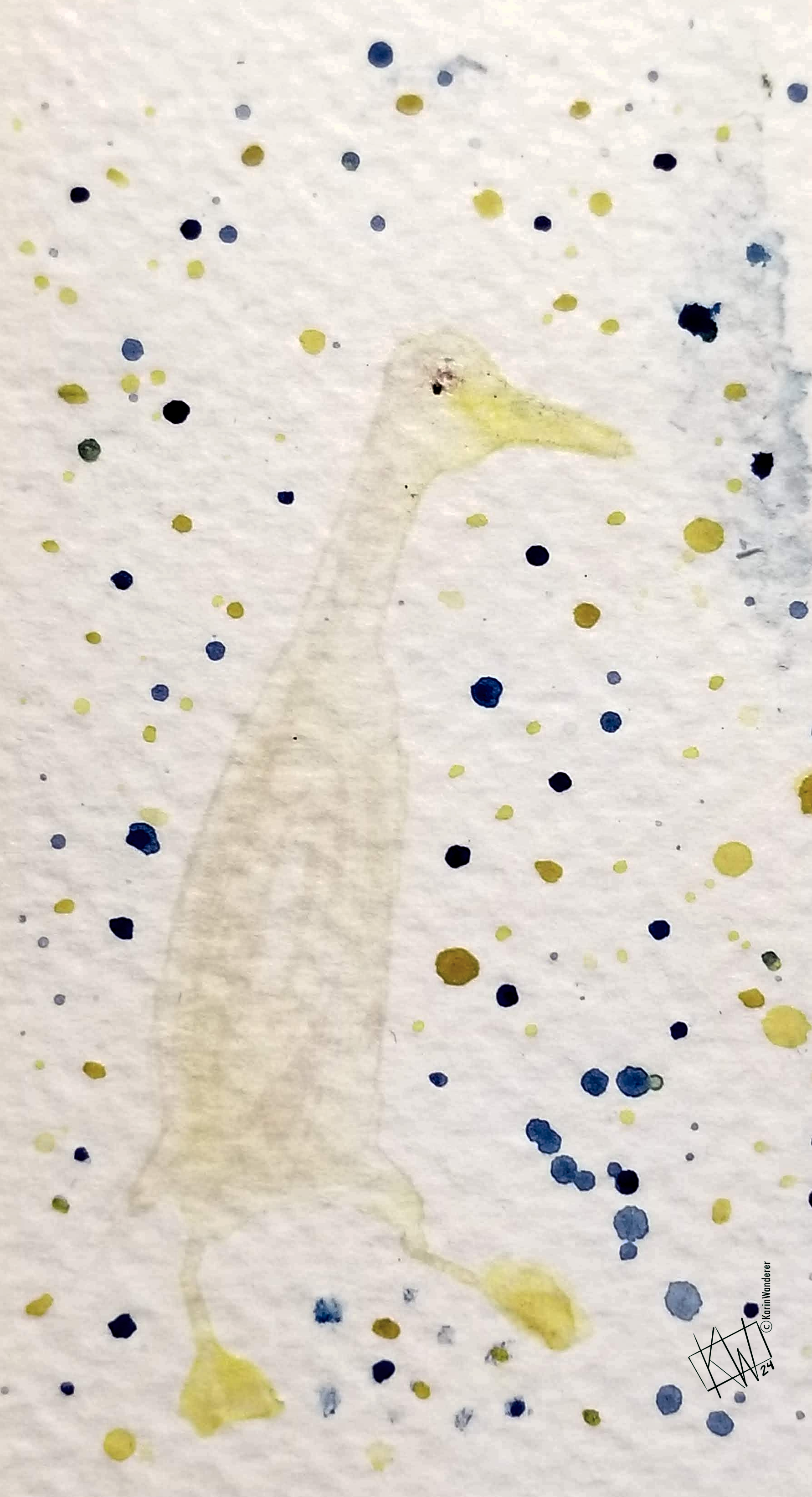 Watercolor Runner duck surrounded by blue & yellow dots.