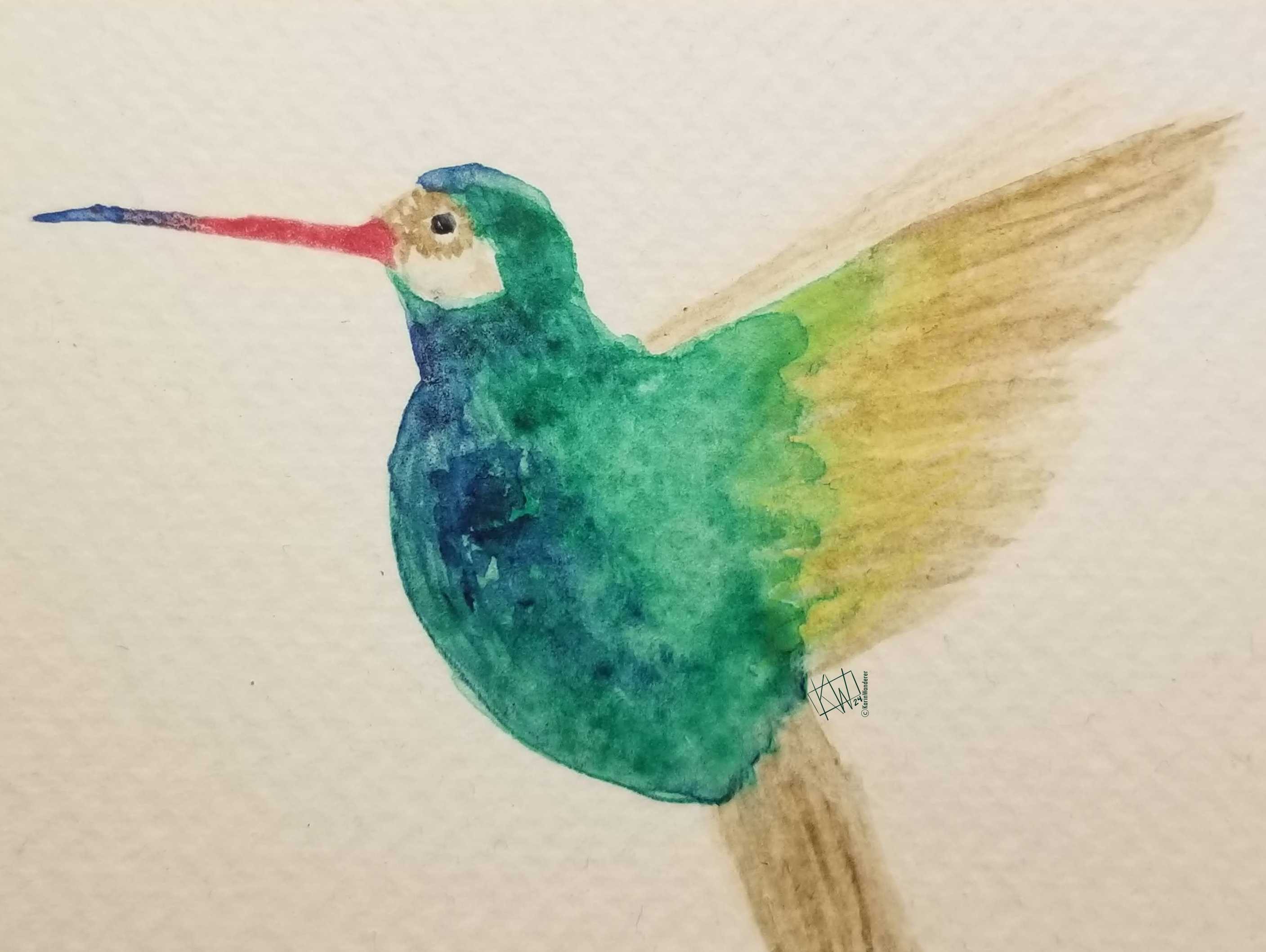 Watercolor hummingbird with green & blue body & beige wing/tail feathers.