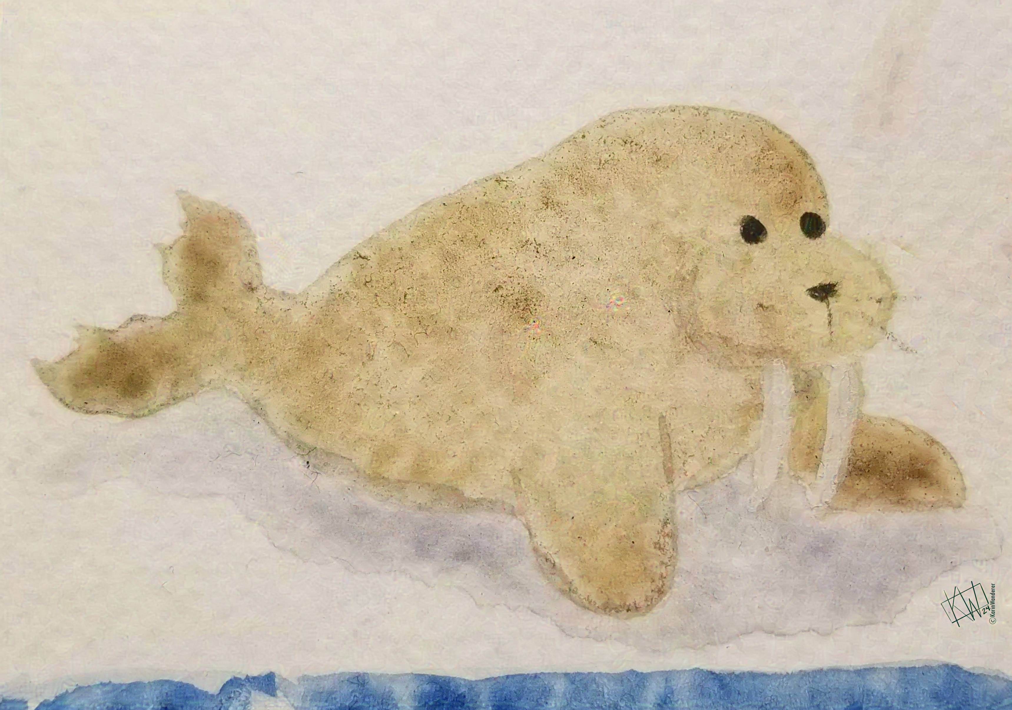 Watercolor walrus sits happily on an ice floe.