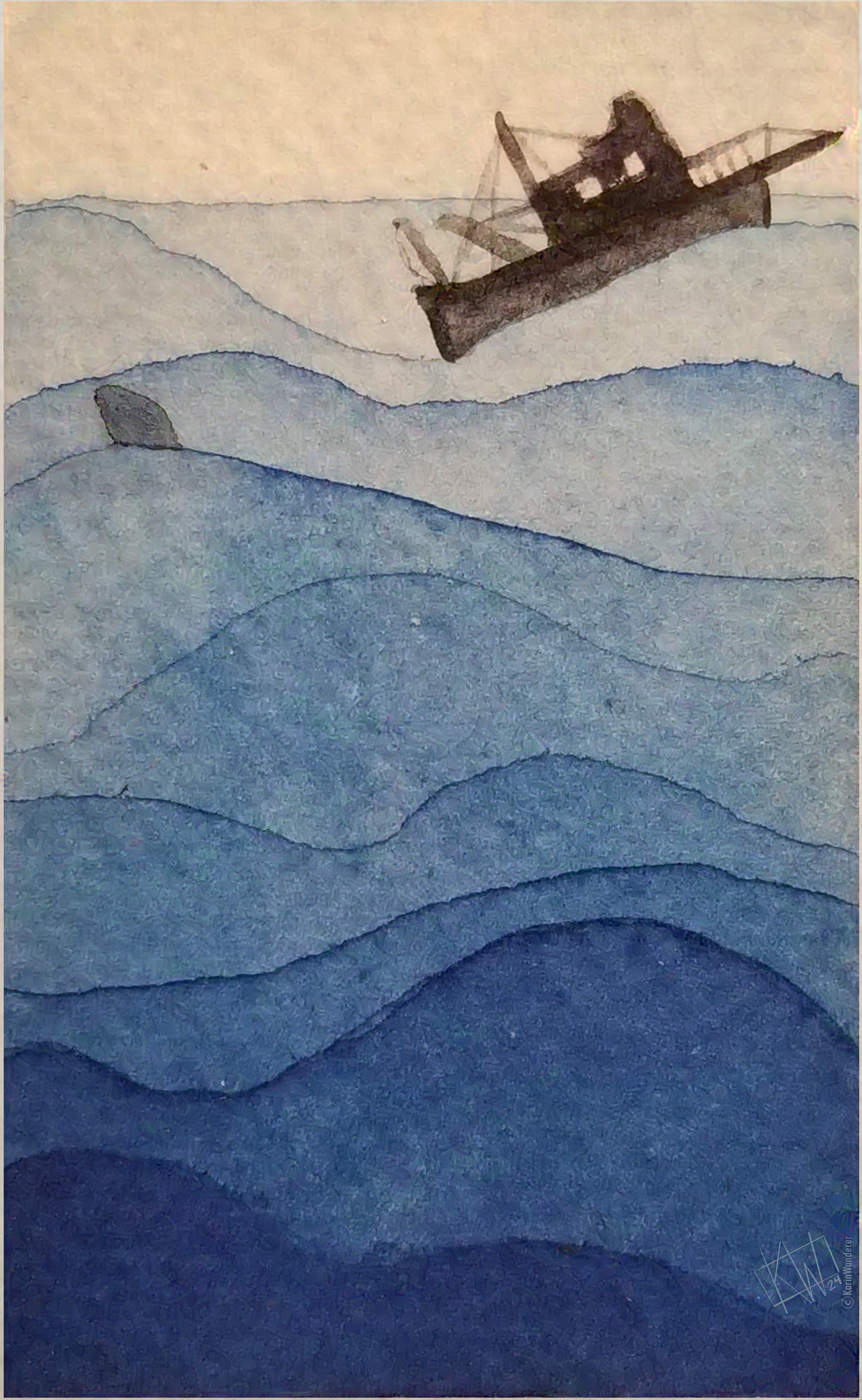 Minimalist watercolor of a shark chasing a boat on the ocean.