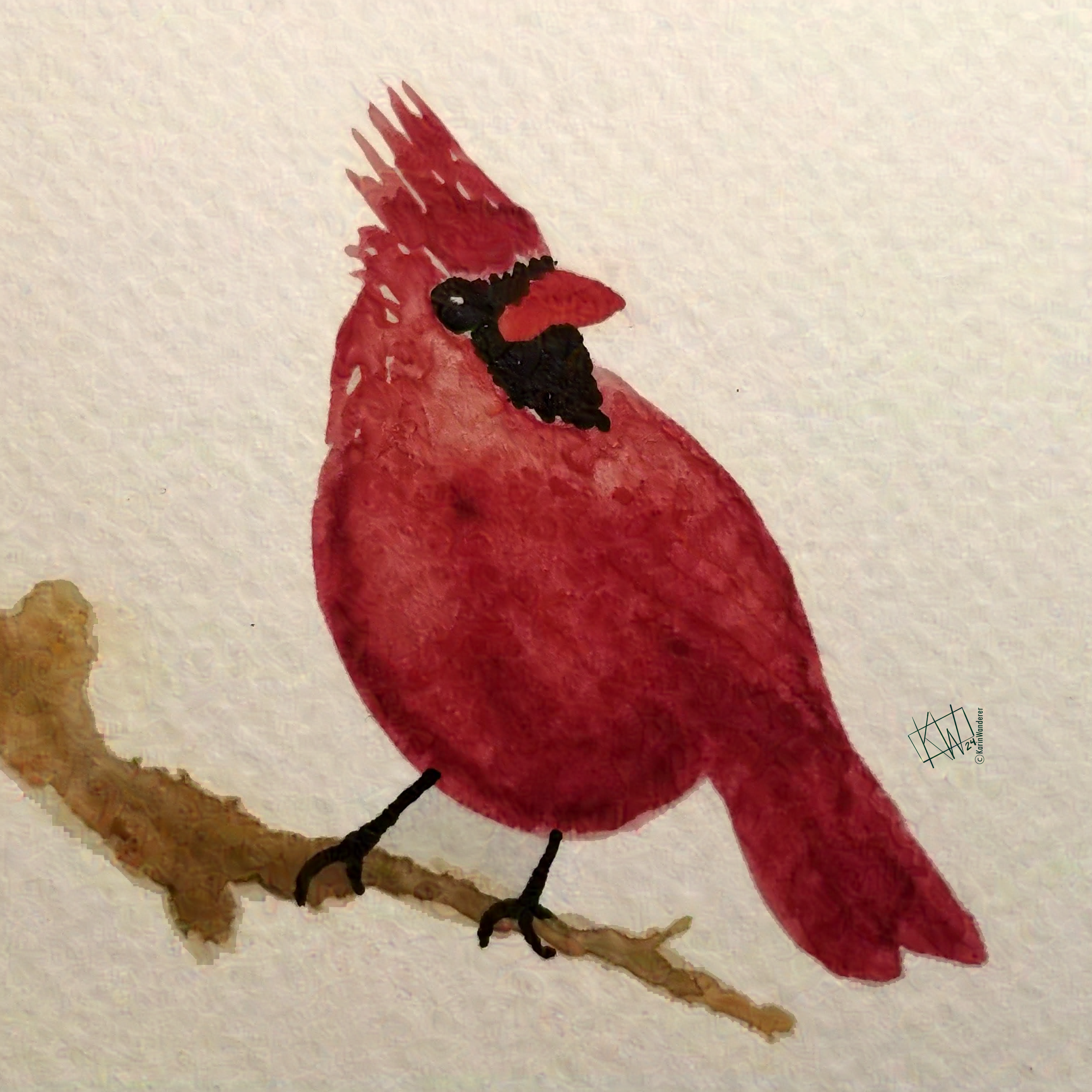 Watercolor of a plump, happy cardinal perched on a bare branch.
