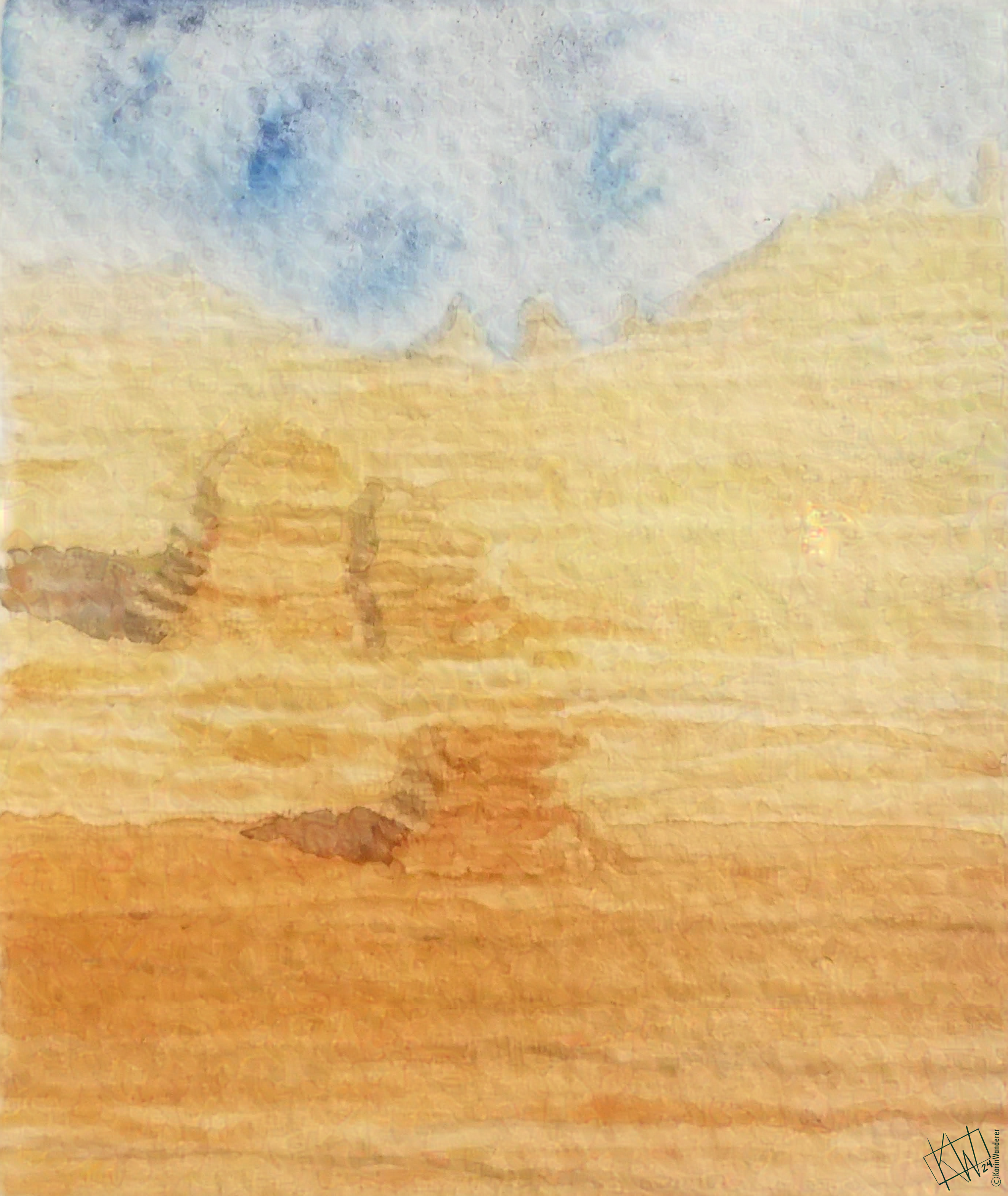 Watercolor landscape with sandstone formations rising from the sand under a partly-cloudy sky.