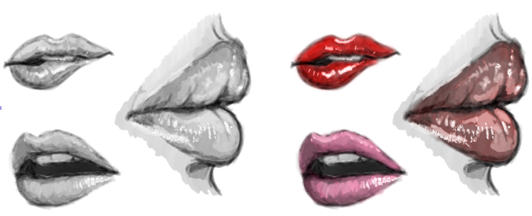 A collection of lips in greyscale and colour.