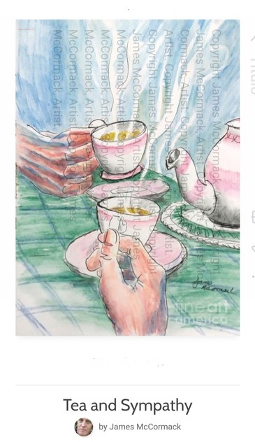 Tea and Sympathy is a drawing in coloured pencils showing two hands holding steaming cups of tea with a teapot partly visible.