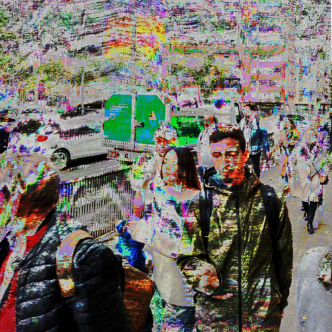 Barcelona street photography image of a group of people who poured out of the metro in the later afternoon alongside a traffic-laden street on the corner of a fairly large intersection, run through and tweaked with Audacity in U-LAW mode, resulting in a quite glitched image.