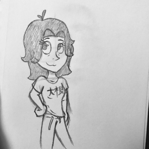 A pencil sketch of my original character Tori. She is tall and thin with long dark hair. She’s wearing a tee-shirt with kanji characters on it, and sweatpants.