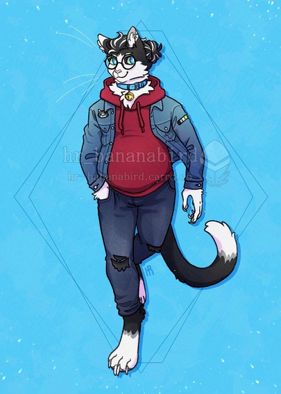 Digital art of a black and white anthro cat. They are wearing a blue collar with a golden bell, round glasses, a denim jacket over a red hoodie and navy blue ripped jeans. They are striking a pose like they're stepping towards the viewer.