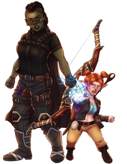 Digital drawing if two DnD characters, a 7 ft tall orc holding a bow and a 3 ft tall dwarf with lightning coming from her hand
